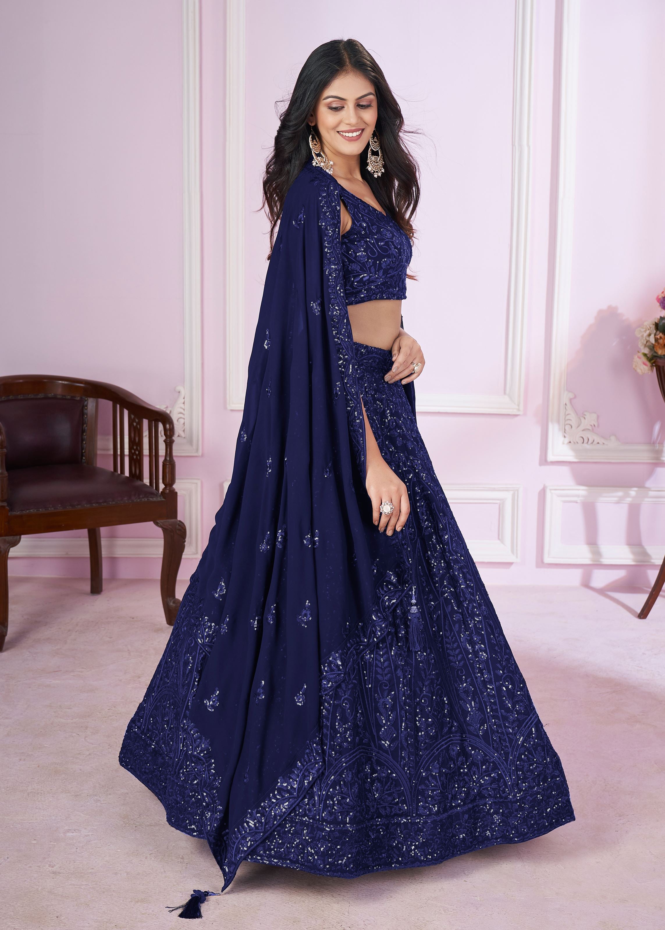 Blue Georgette Lehenga Choli With Sequins, Thread Embroidery Work