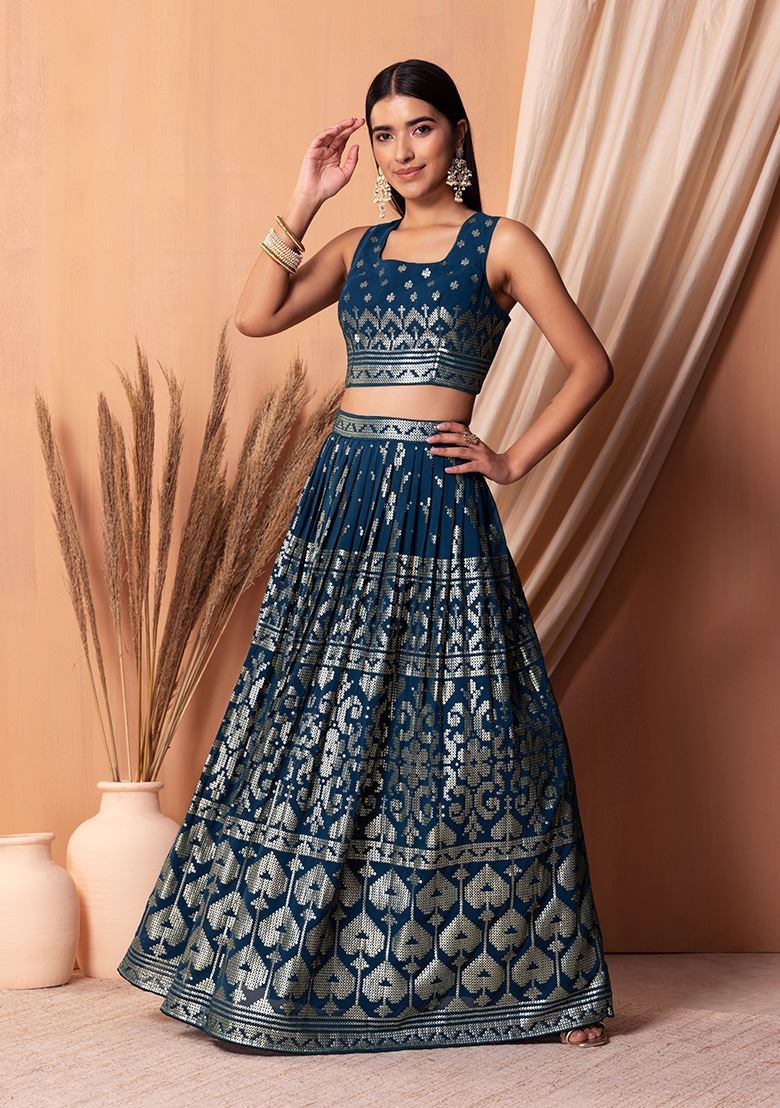 Blue Georgette Lehenga Choli With Sequins & Thread Embroidery Work