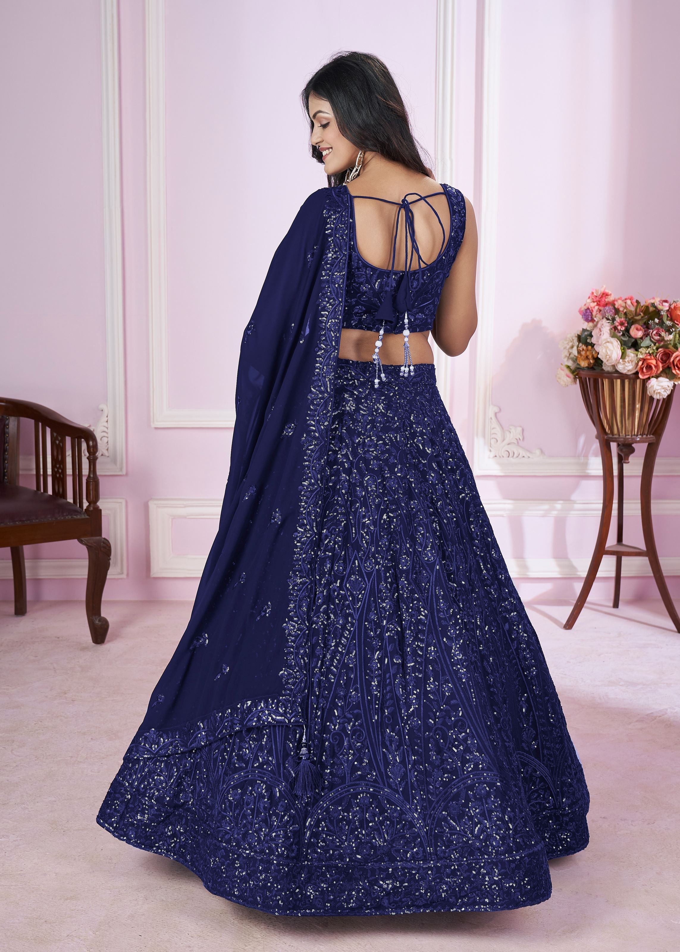 Blue Georgette Lehenga Choli With Sequins, Thread Embroidery Work