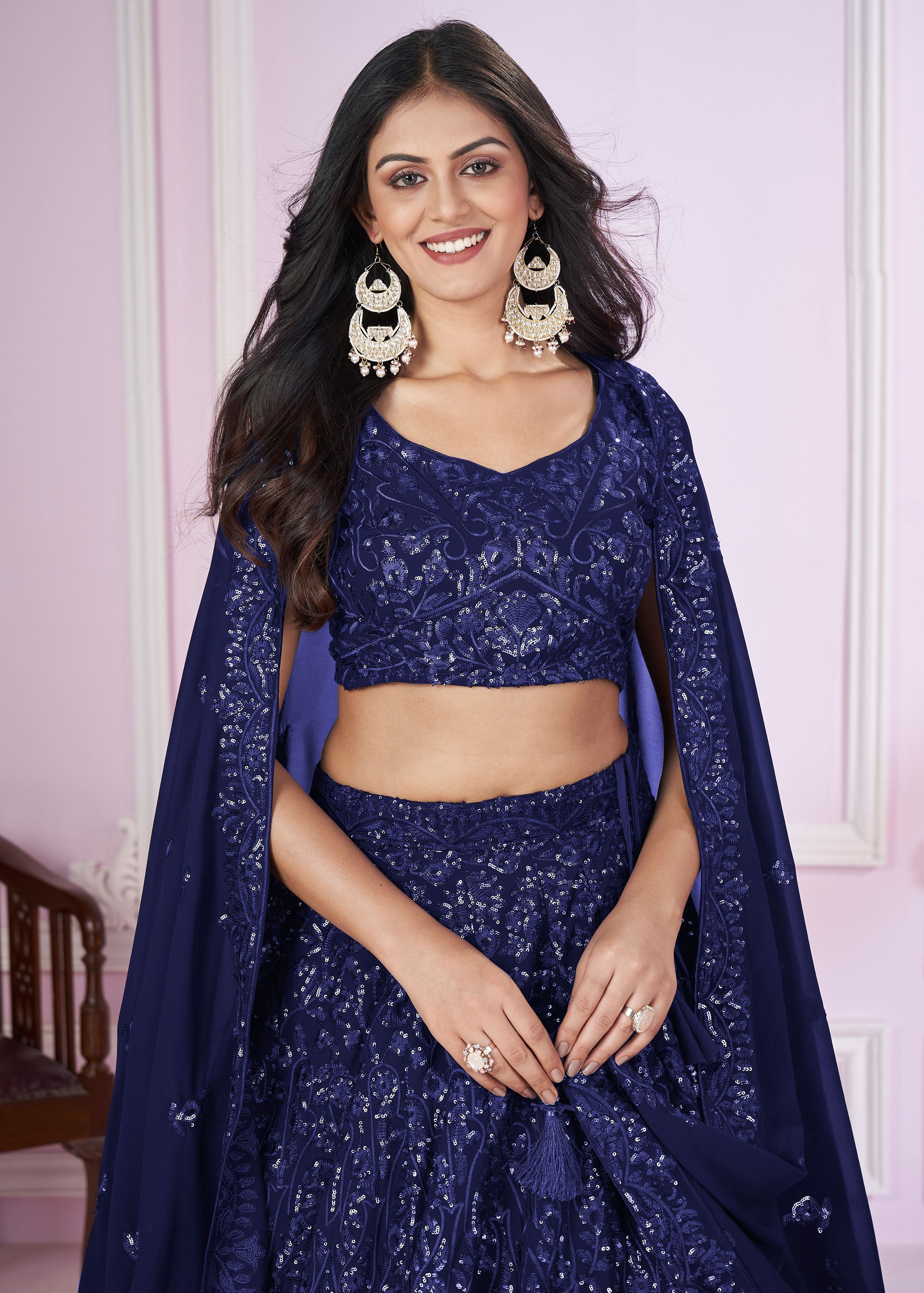 Blue Georgette Lehenga Choli With Sequins, Thread Embroidery Work