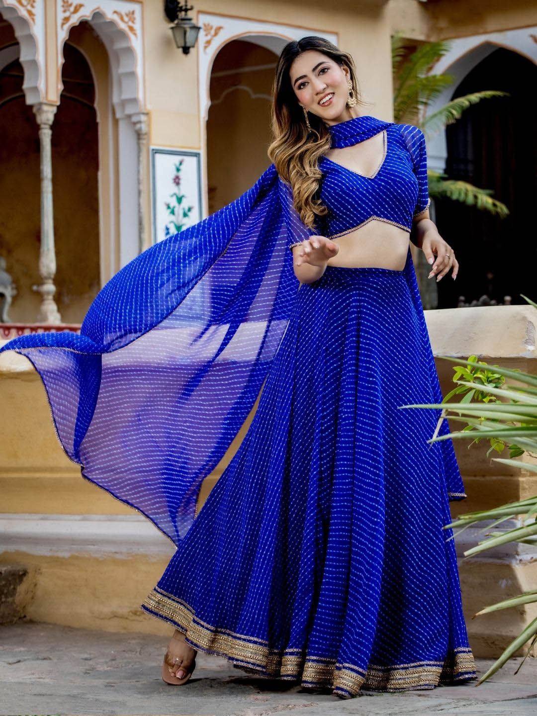 Blue Georgette Lehenga Choli With Zari,Cording Lace work and Leheriya Print