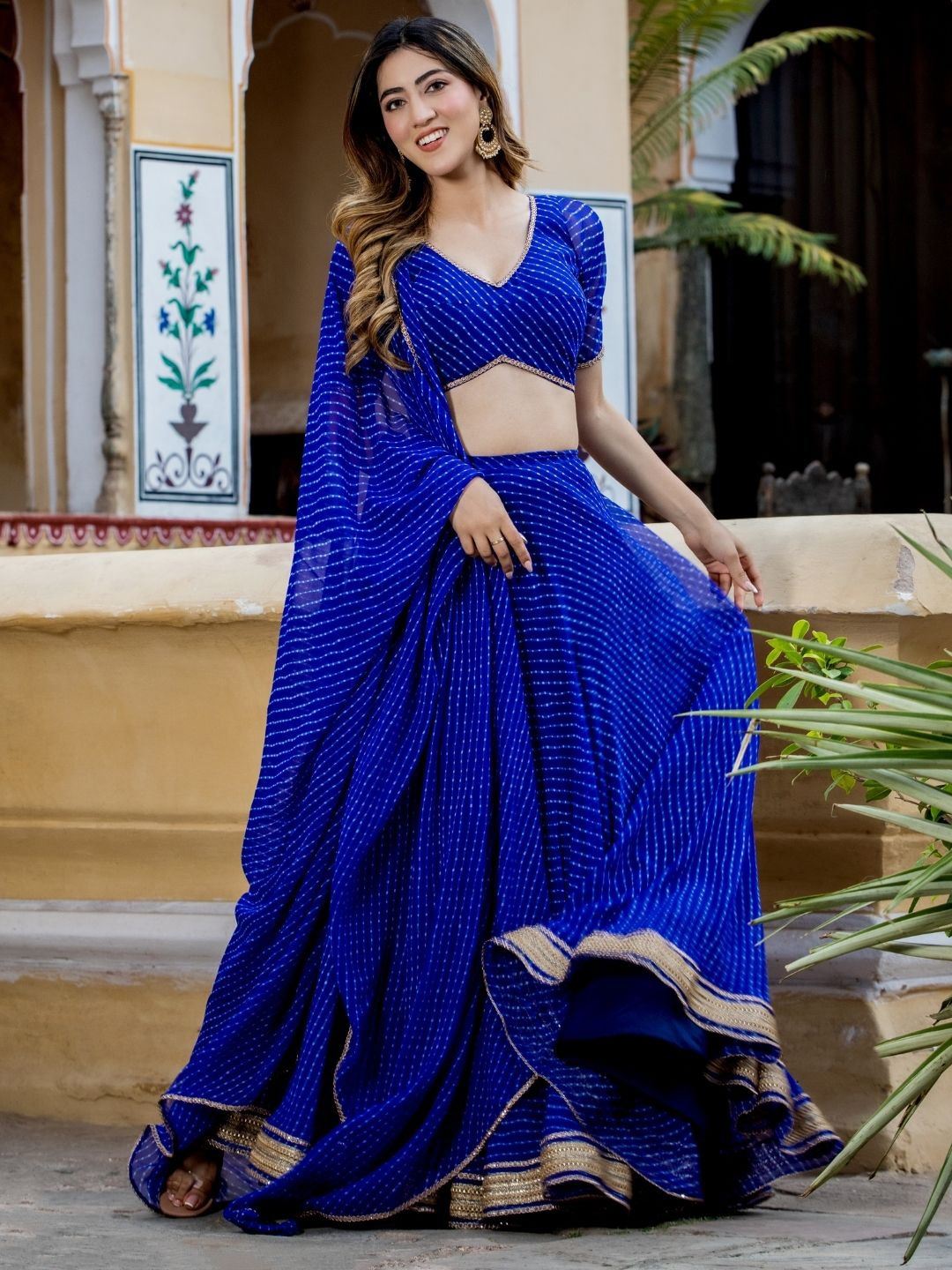 Blue Georgette Lehenga Choli With Zari,Cording Lace work and Leheriya Print