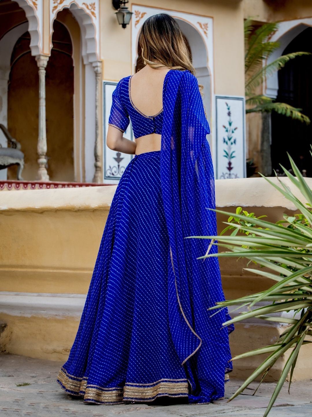 Blue Georgette Lehenga Choli With Zari,Cording Lace work and Leheriya Print
