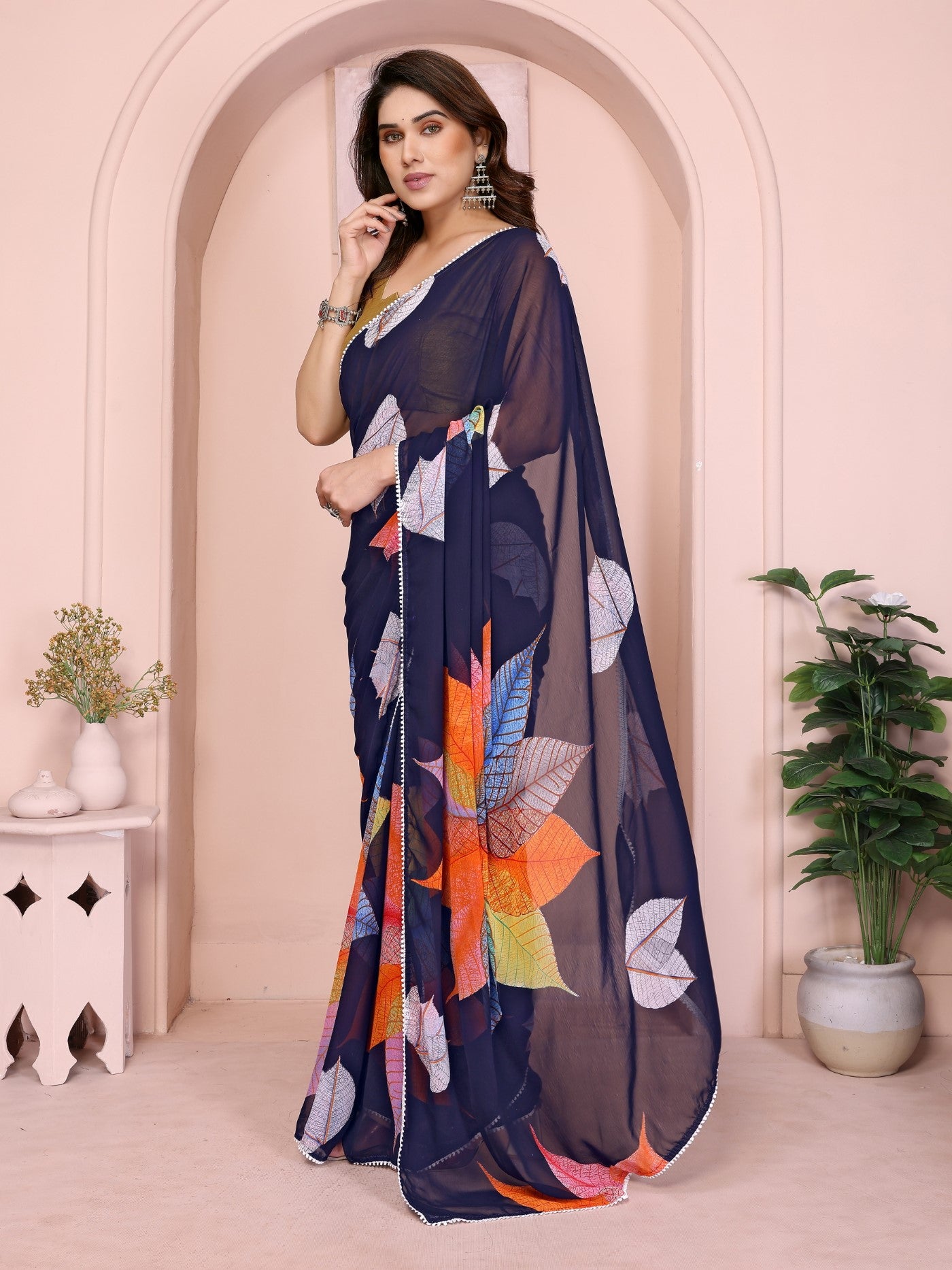 Blue Georgette Ready-to-Wear Printed Saree with Lace