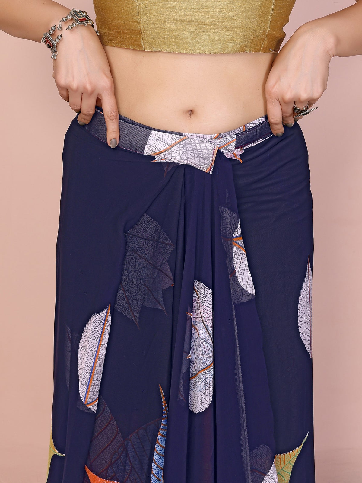 Blue Georgette Ready-to-Wear Printed Saree with Lace