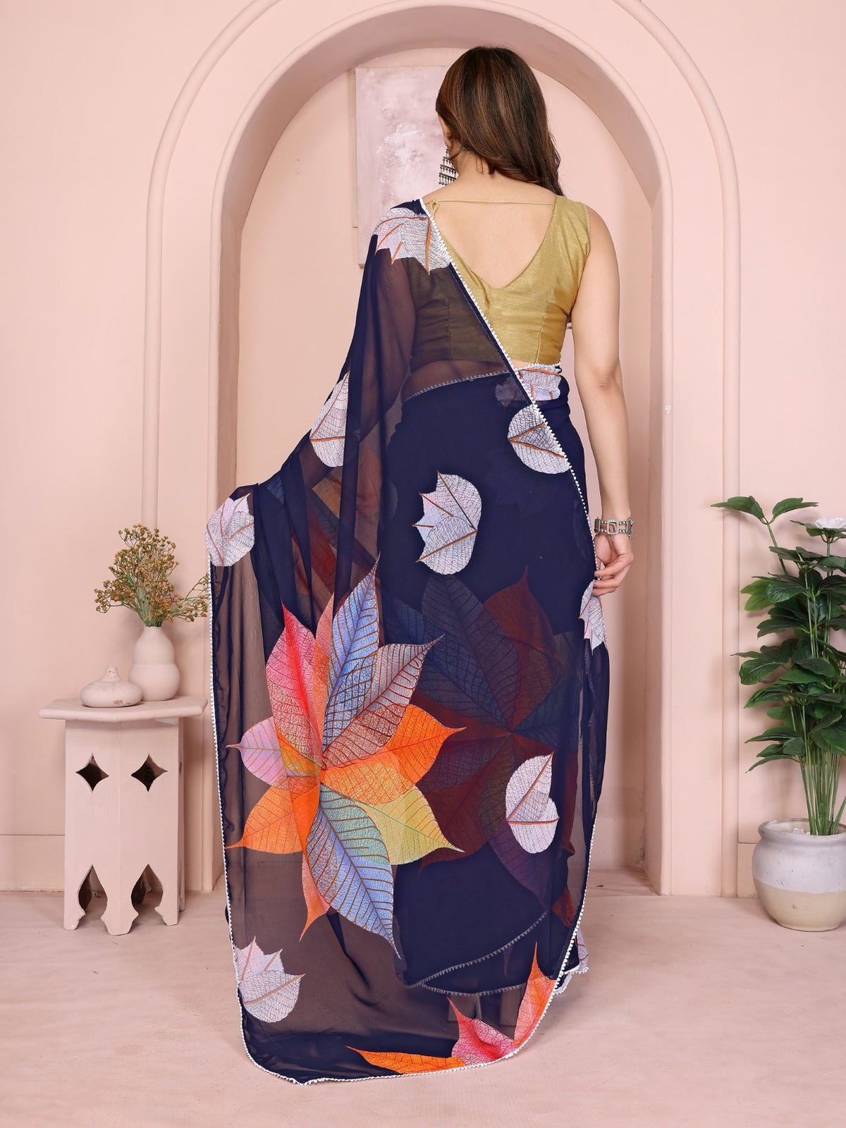 Blue Georgette Ready-to-Wear Printed Saree with Lace