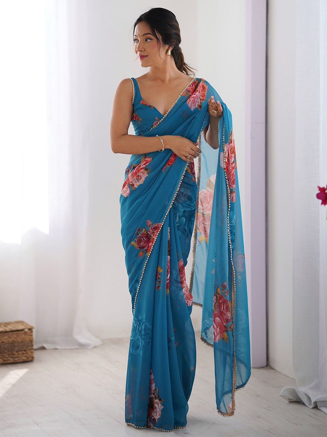 Blue Georgette Saree With Digital Print And Moti Lace