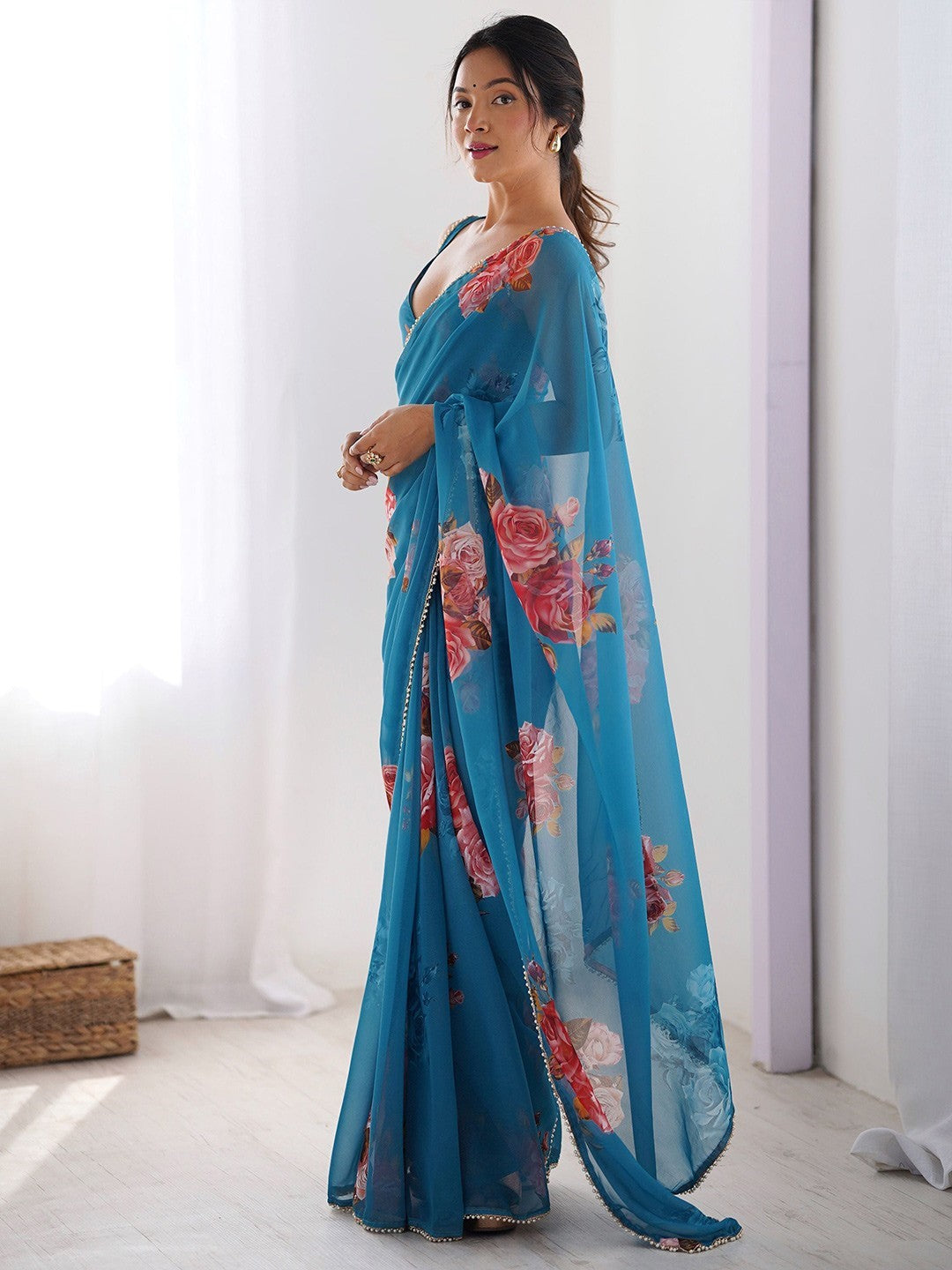 Blue Georgette Saree With Digital Print And Moti Lace
