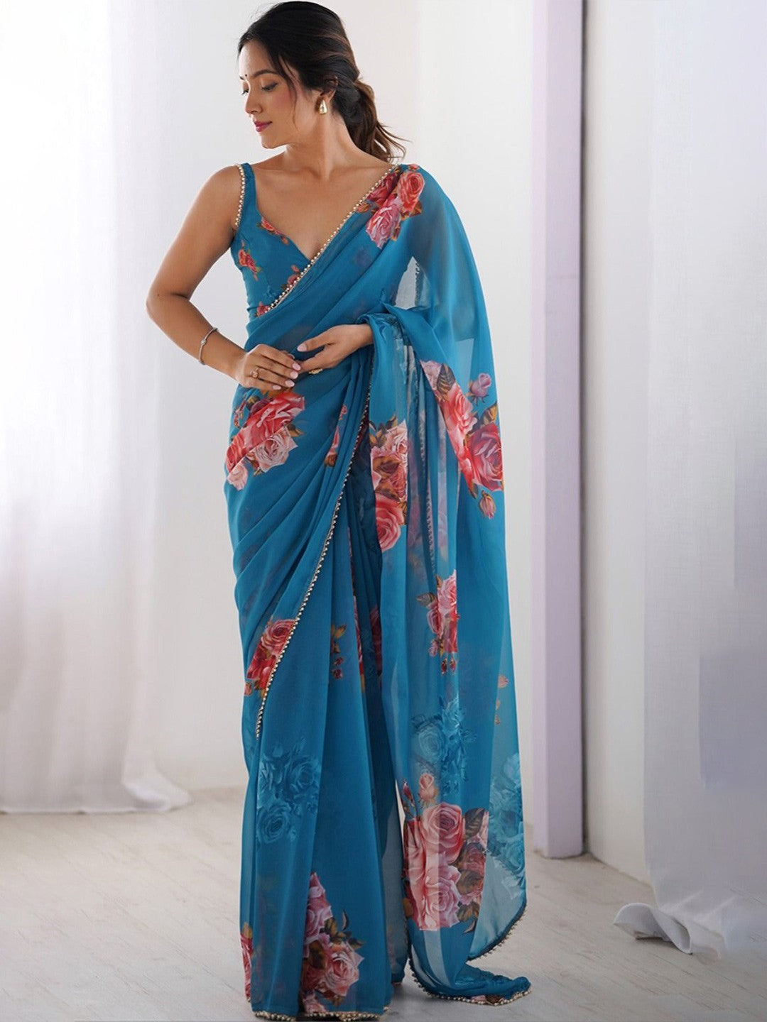 Blue Georgette Saree With Digital Print And Moti Lace