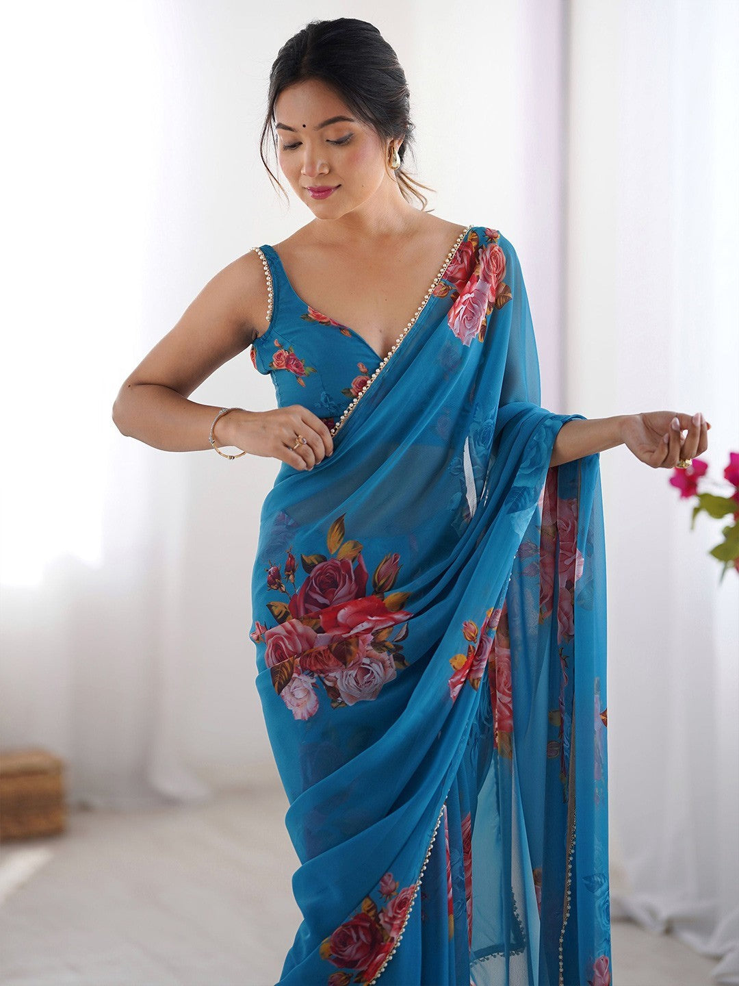 Blue Georgette Saree With Digital Print And Moti Lace