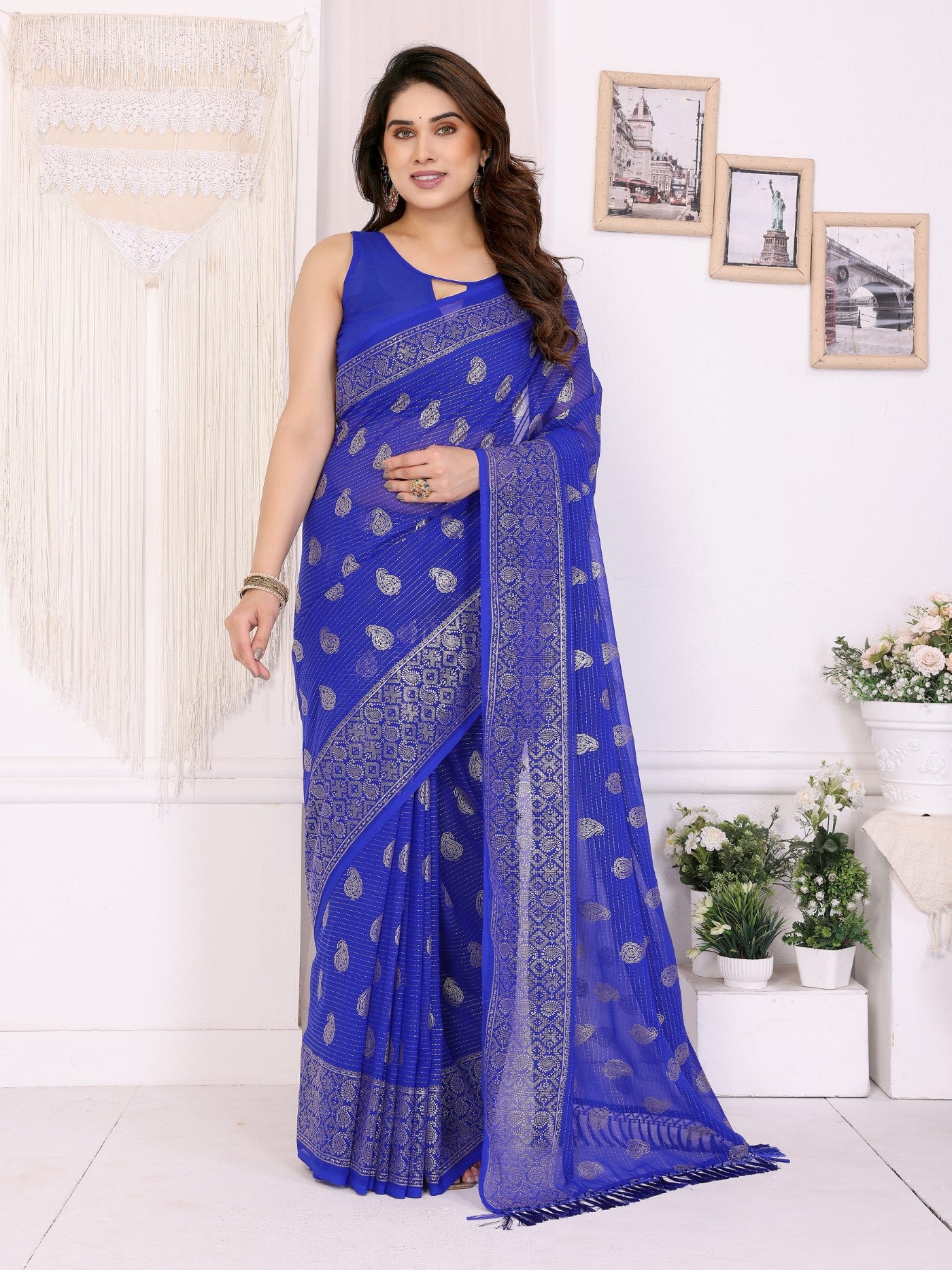 Blue Georgette Saree With Foil Work And Designer Lace Border