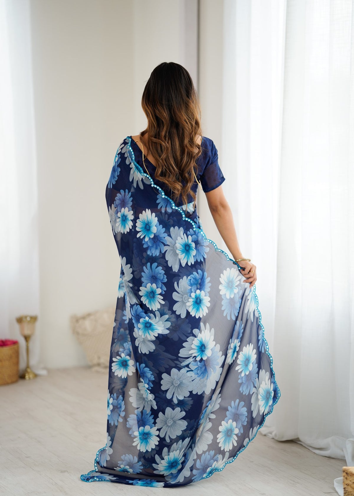 Blue Georgette Saree With Printed Design And Mirror Work