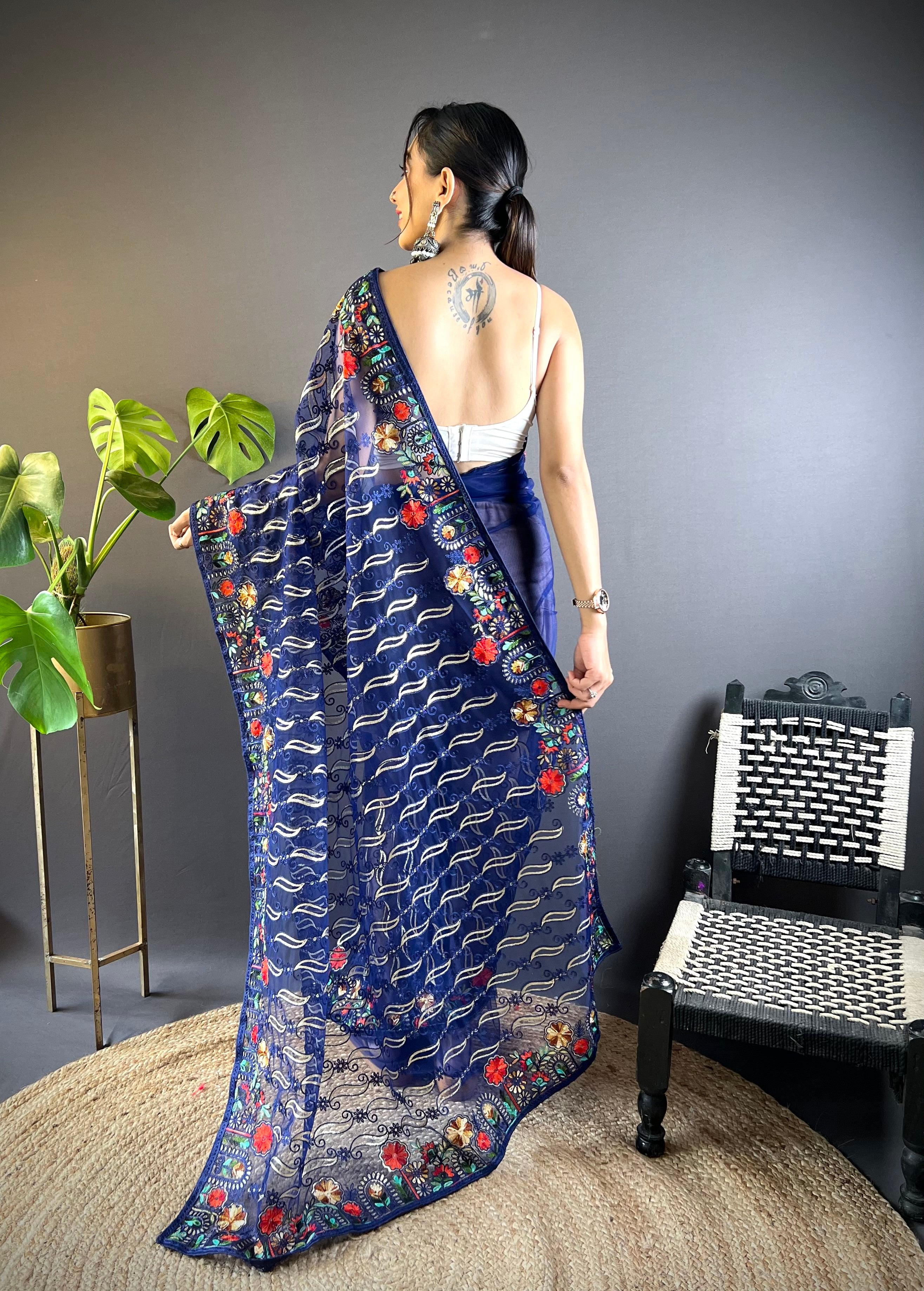 Blue Girlie Butterfly Net Fabric Stylish Resham Embroidered Partywear Saree