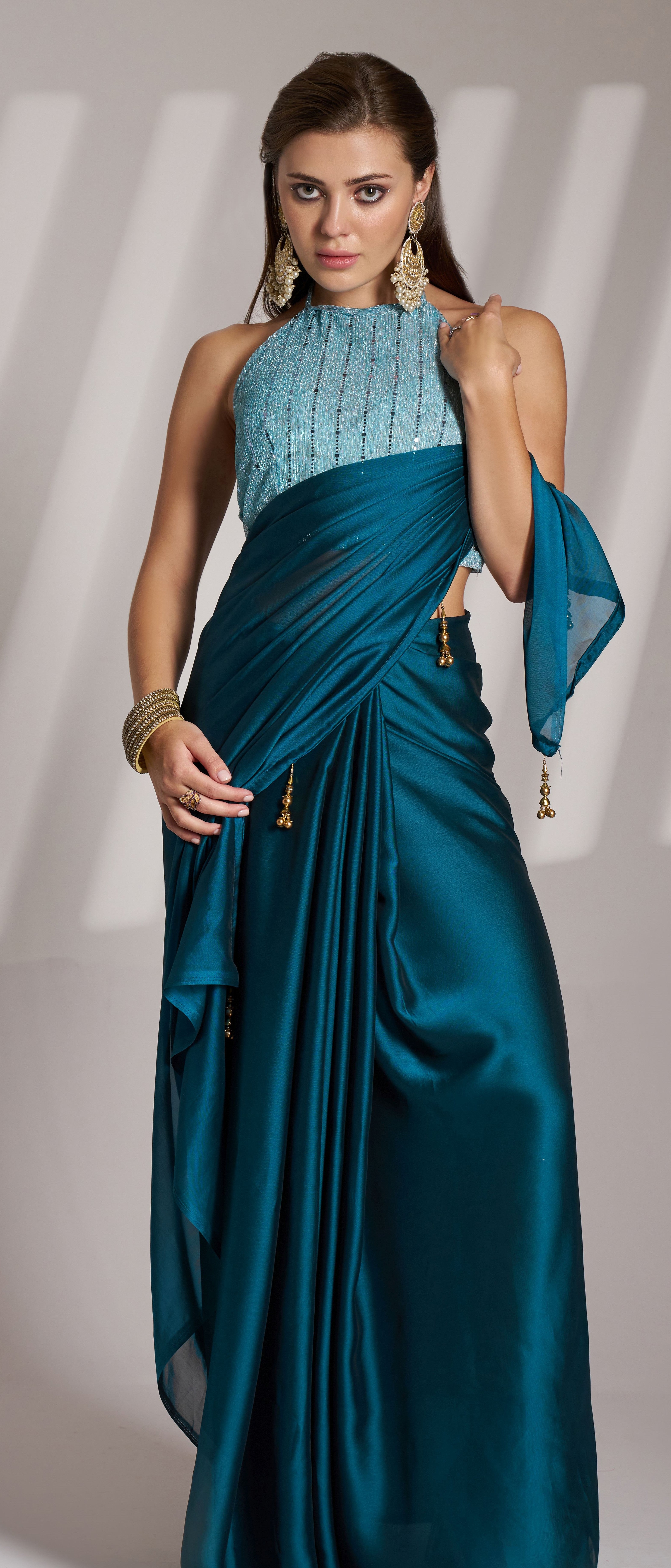 Blue Glamorous Bollywood Style Solid Fancy Designer Satin Rangoli Saree