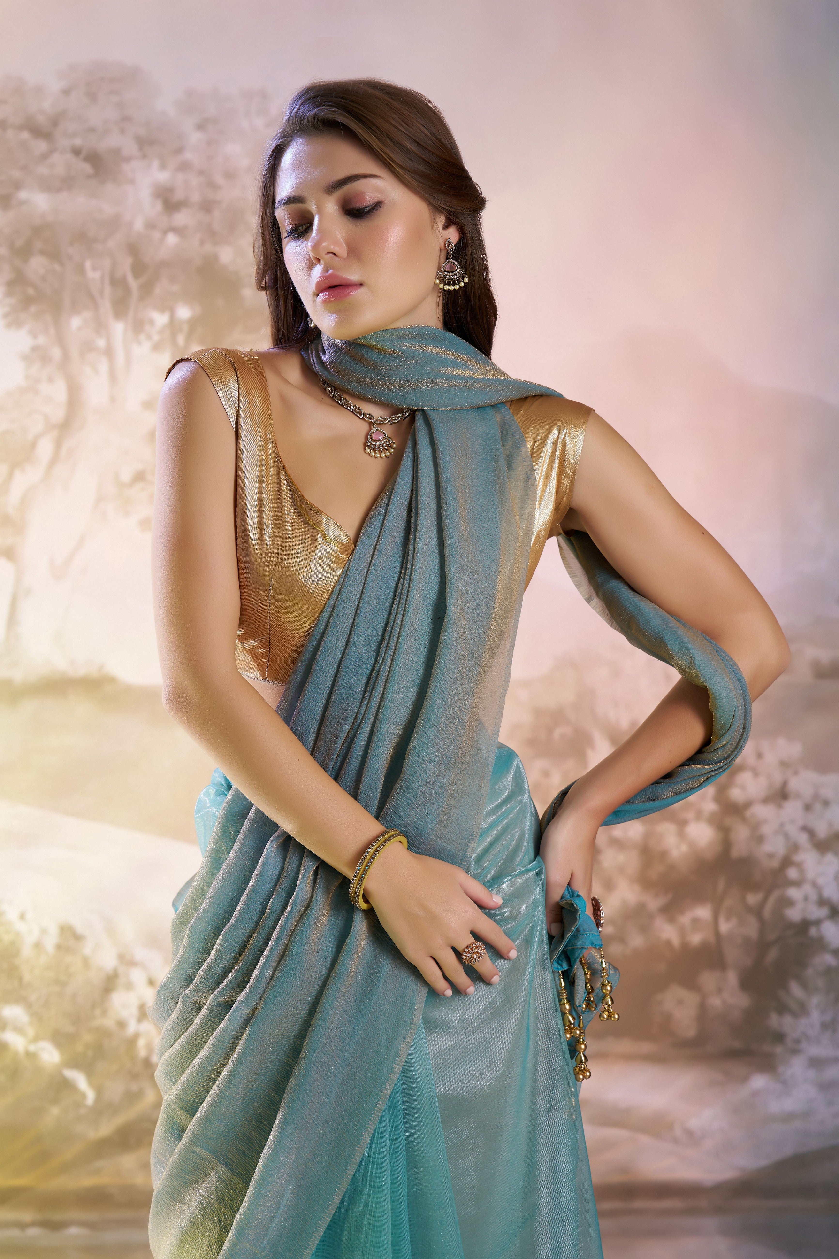 Blue Glamorous Fendi Organza Solid Designer Partywear Saree