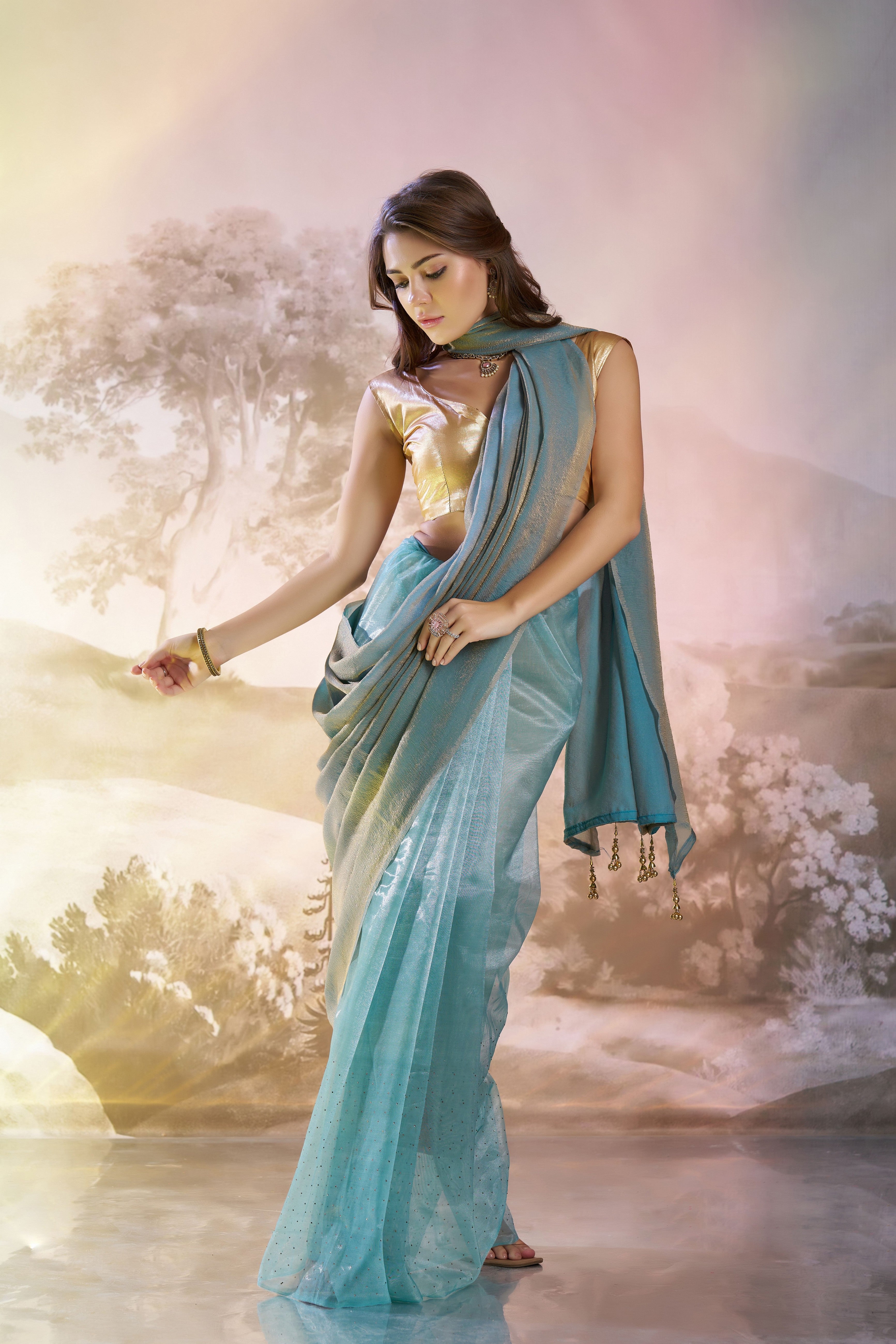 Blue Glamorous Fendi Organza Solid Designer Partywear Saree