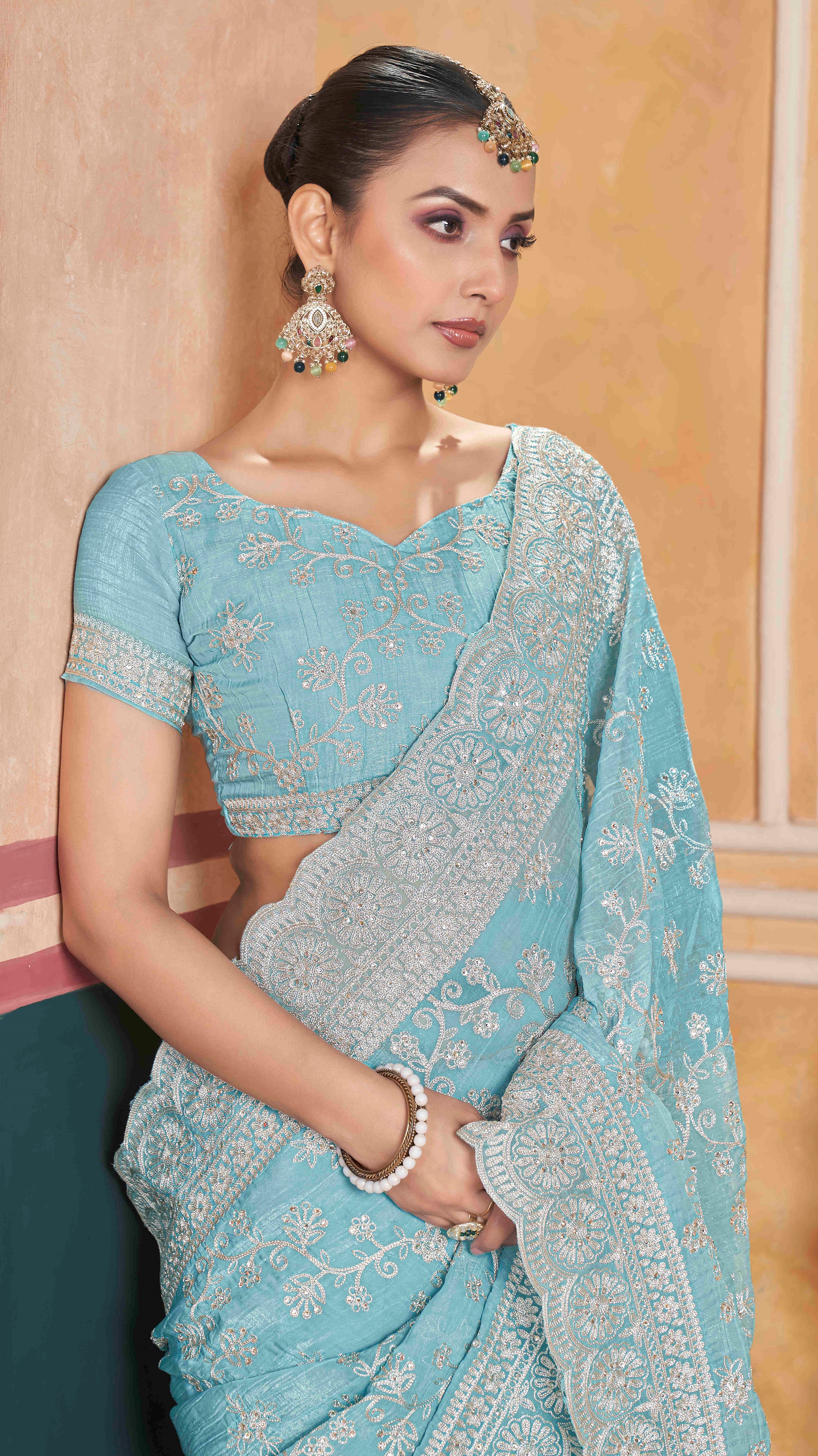 Blue Gold Crunchy Ceremonial Saree With Heavy Partywear Looks