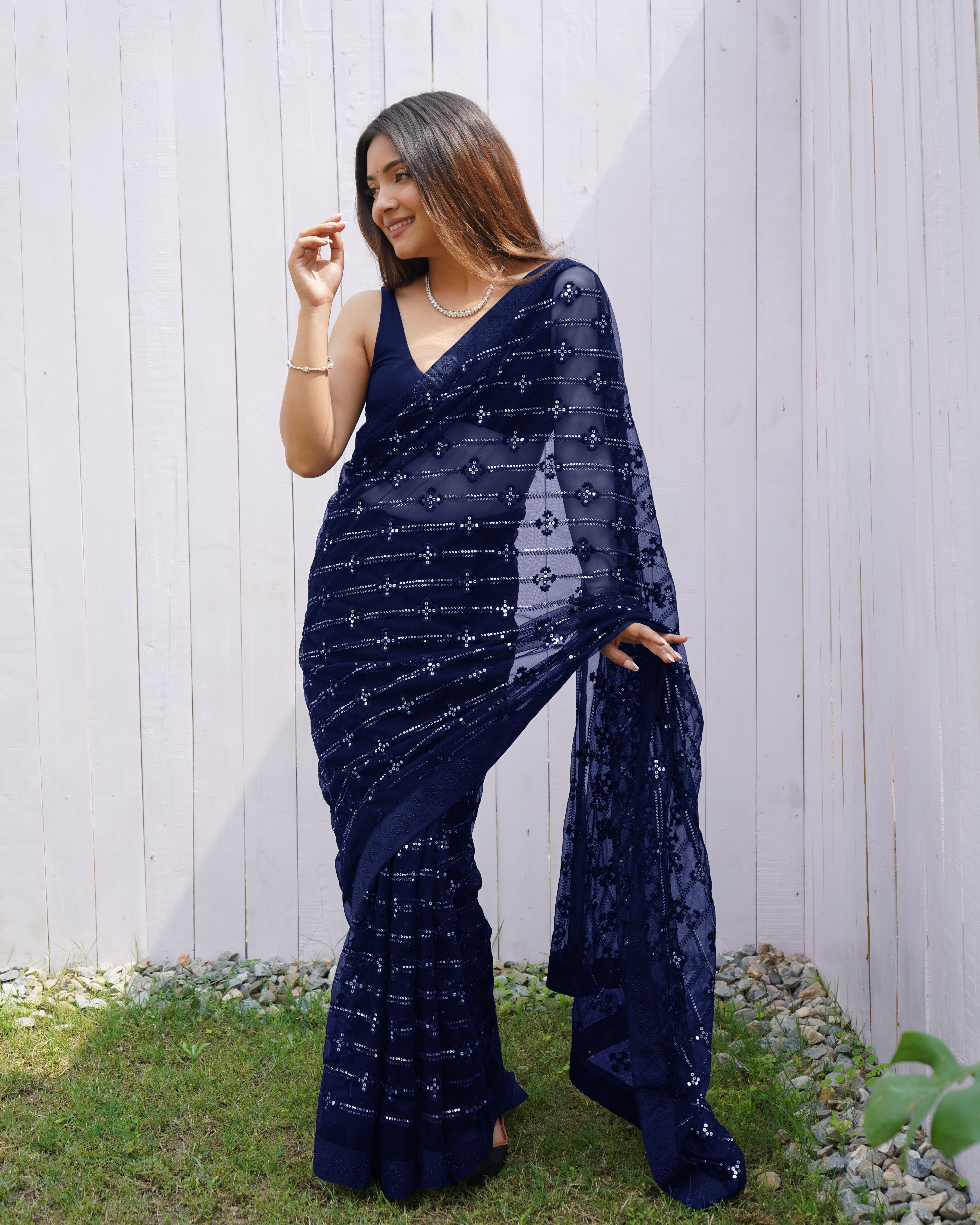 Blue Graceful Butterfly Net Sequins Embroidery Saree With Diamond Work