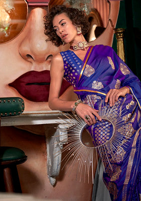 Blue Handloom Satin Saree With  Jacquard Satin Handloom Woven Work
