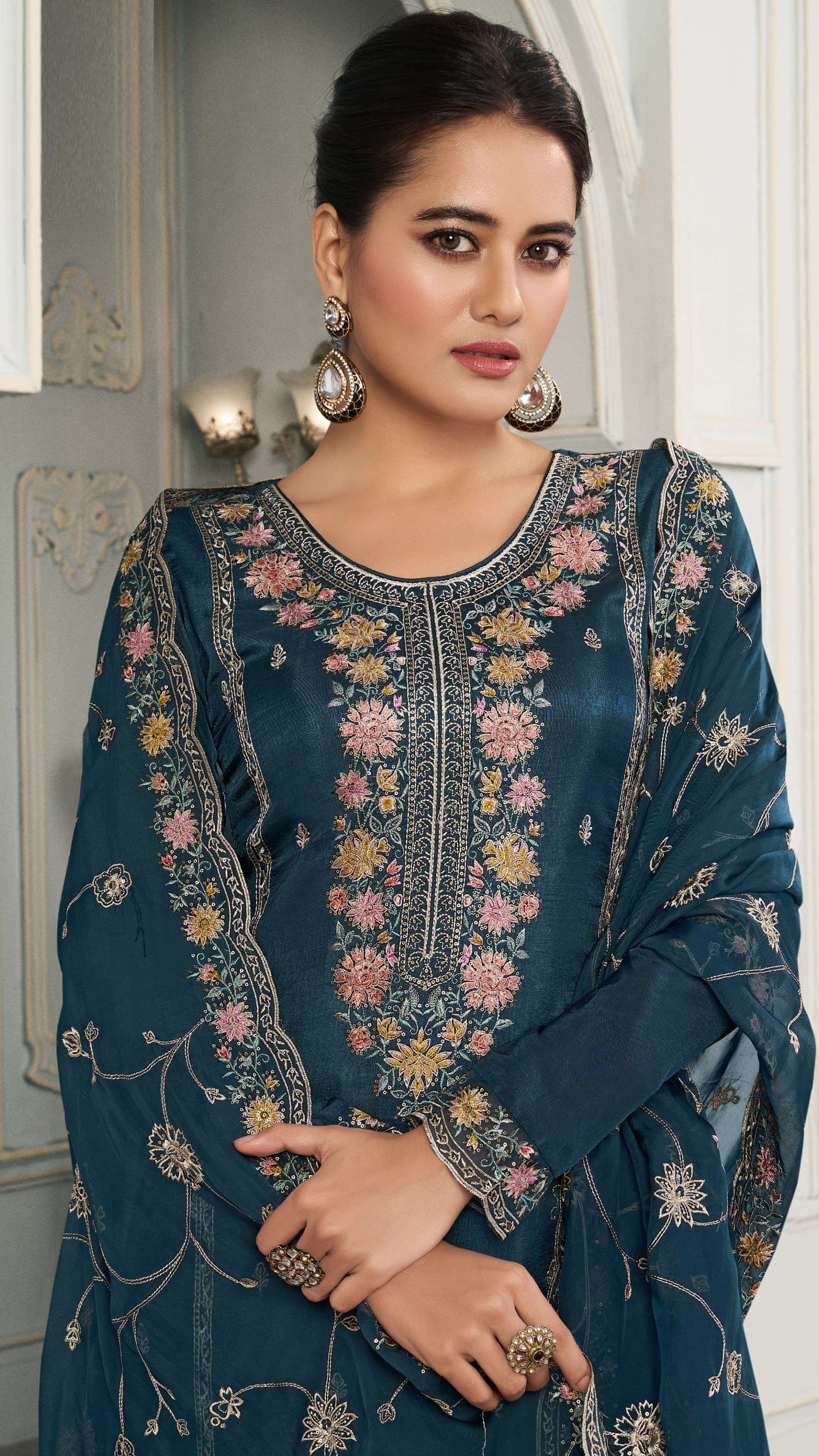 Blue Heavy Designer Suit With Heavy Embroidery Work