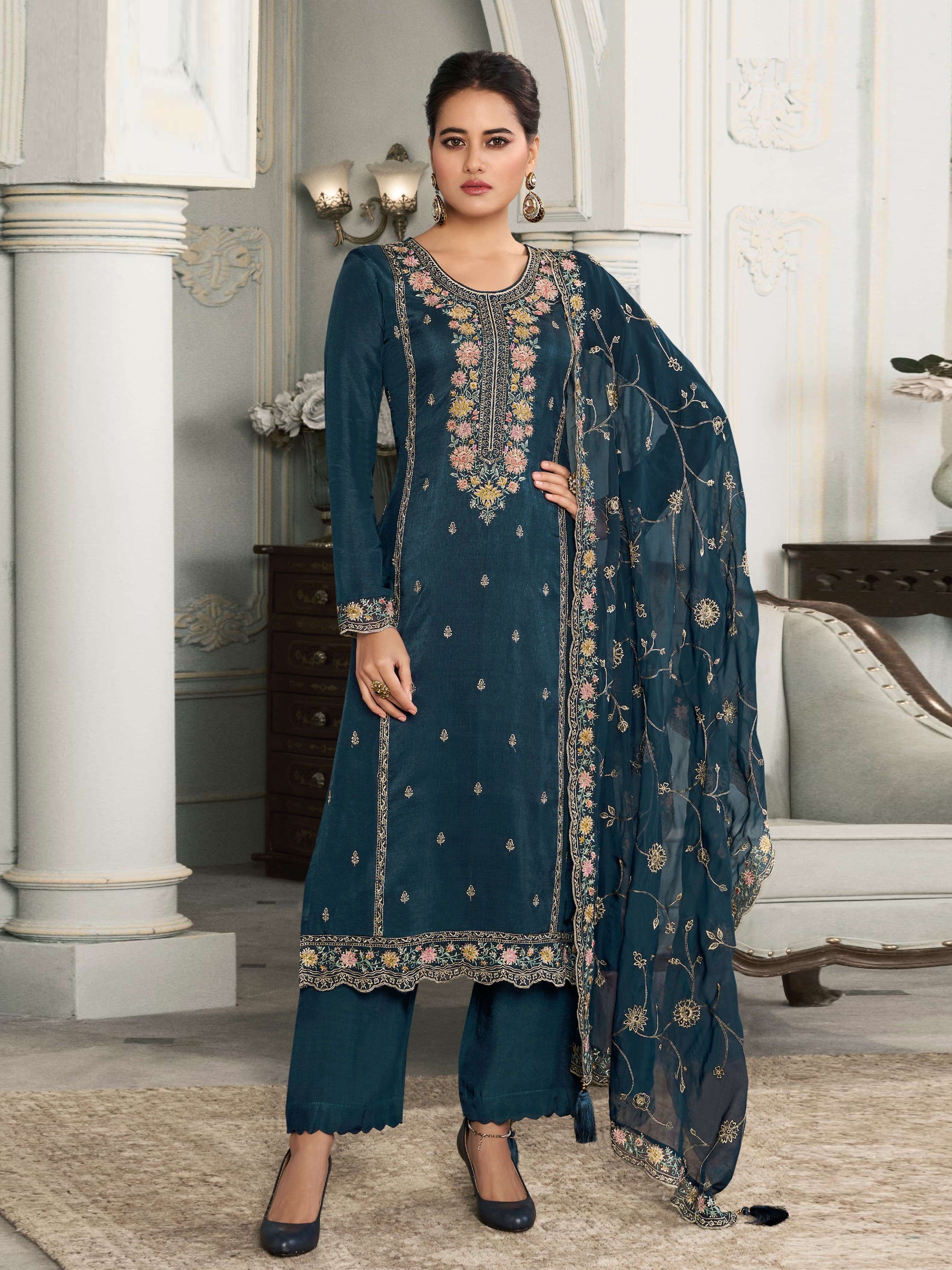 Blue Heavy Designer Suit With Heavy Embroidery Work
