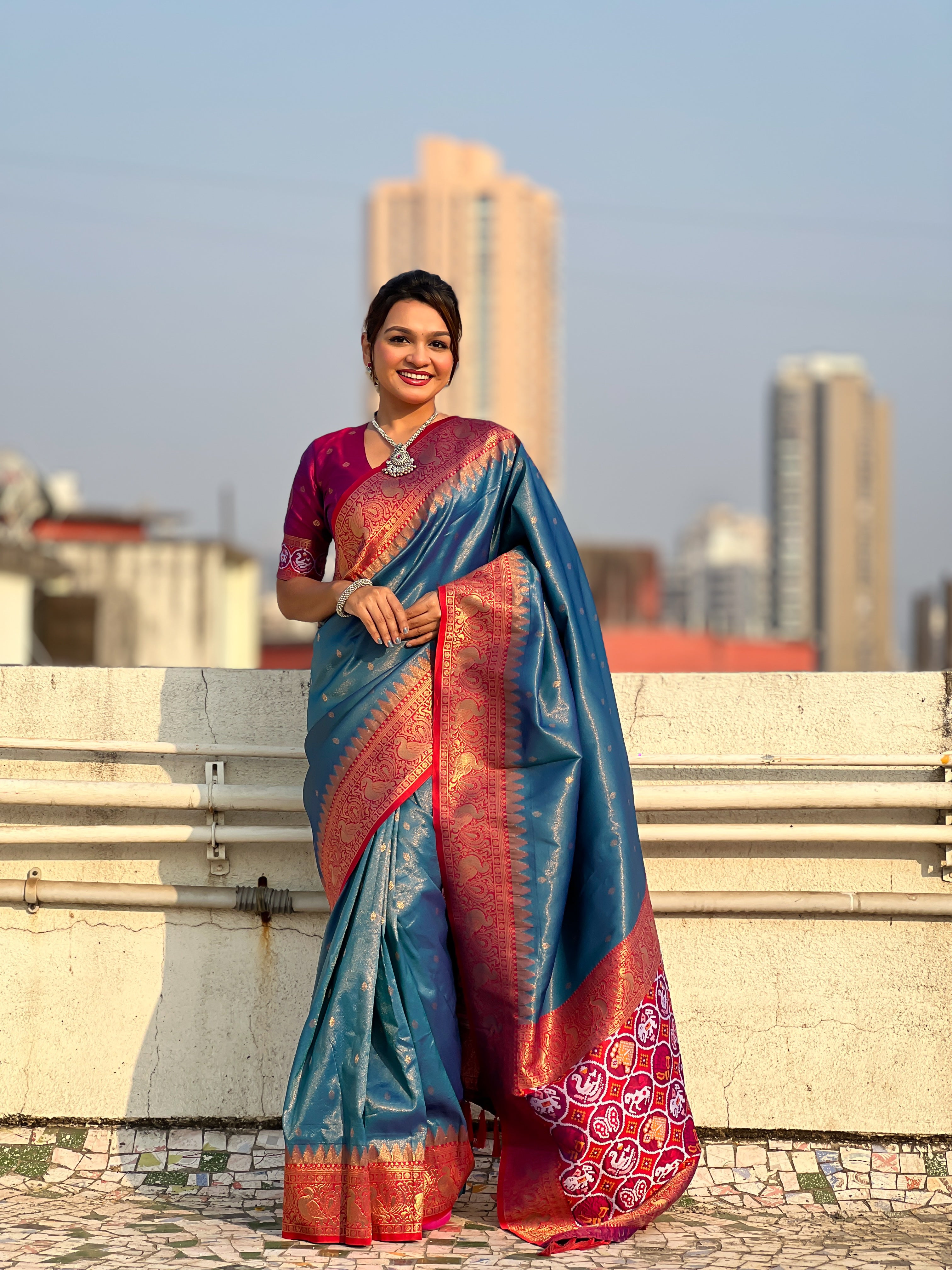 Blue Jari Tissue Woven Meenakari Pallu Designer Heavy Ethnic Saree