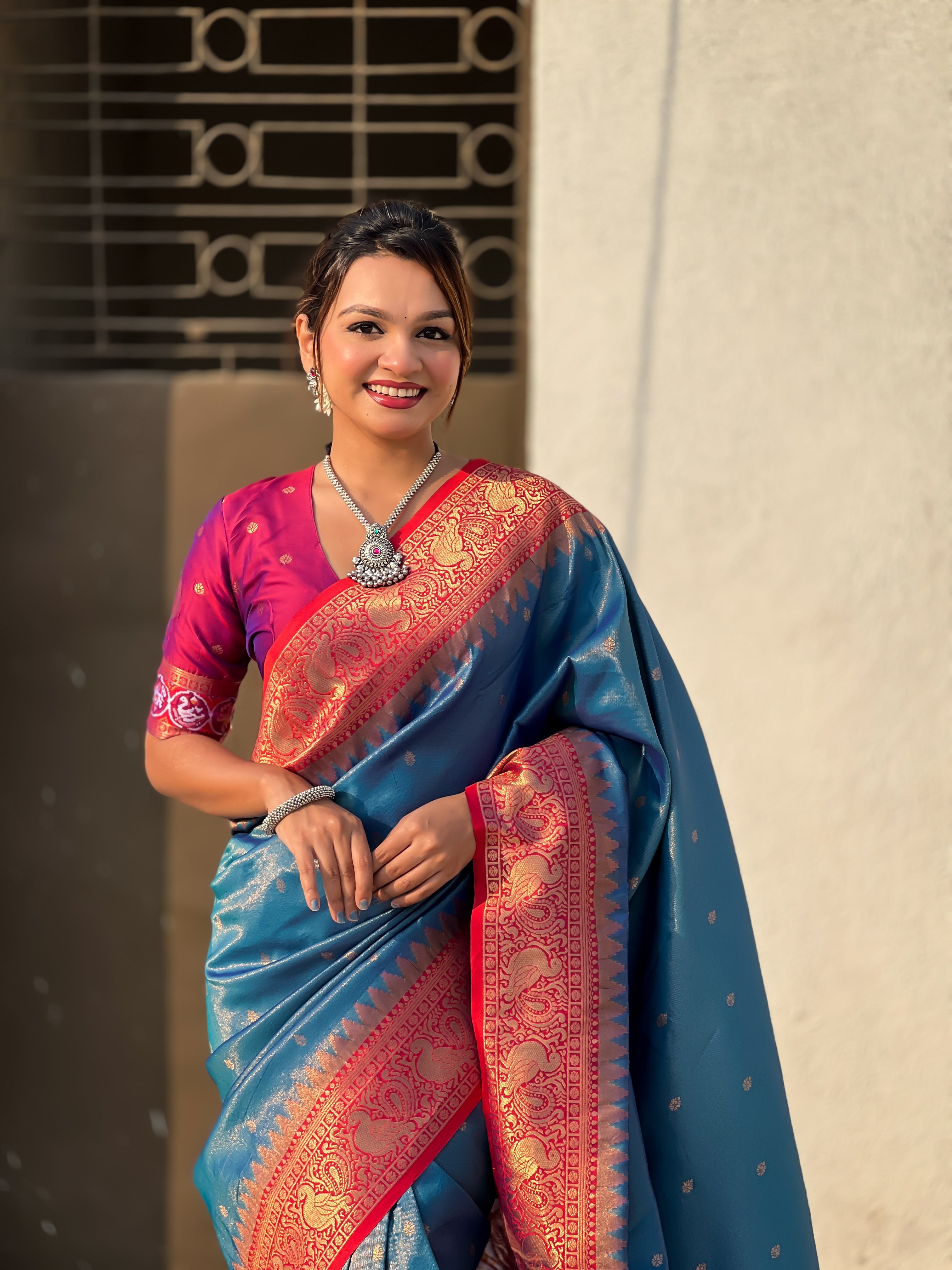 Blue Jari Tissue Woven Meenakari Pallu Designer Heavy Ethnic Saree