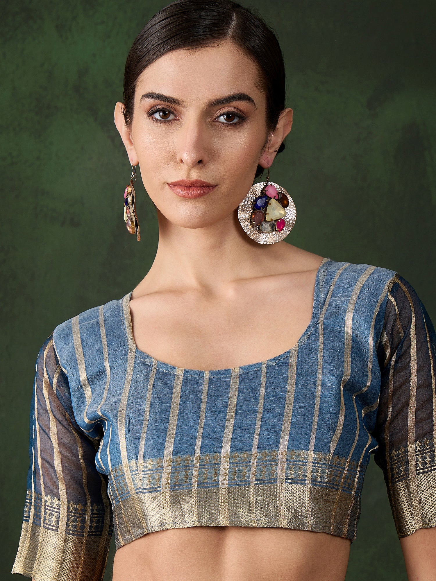 Blue Khadi Organza Fabric Beautiful Woven Jacquard Designer Saree