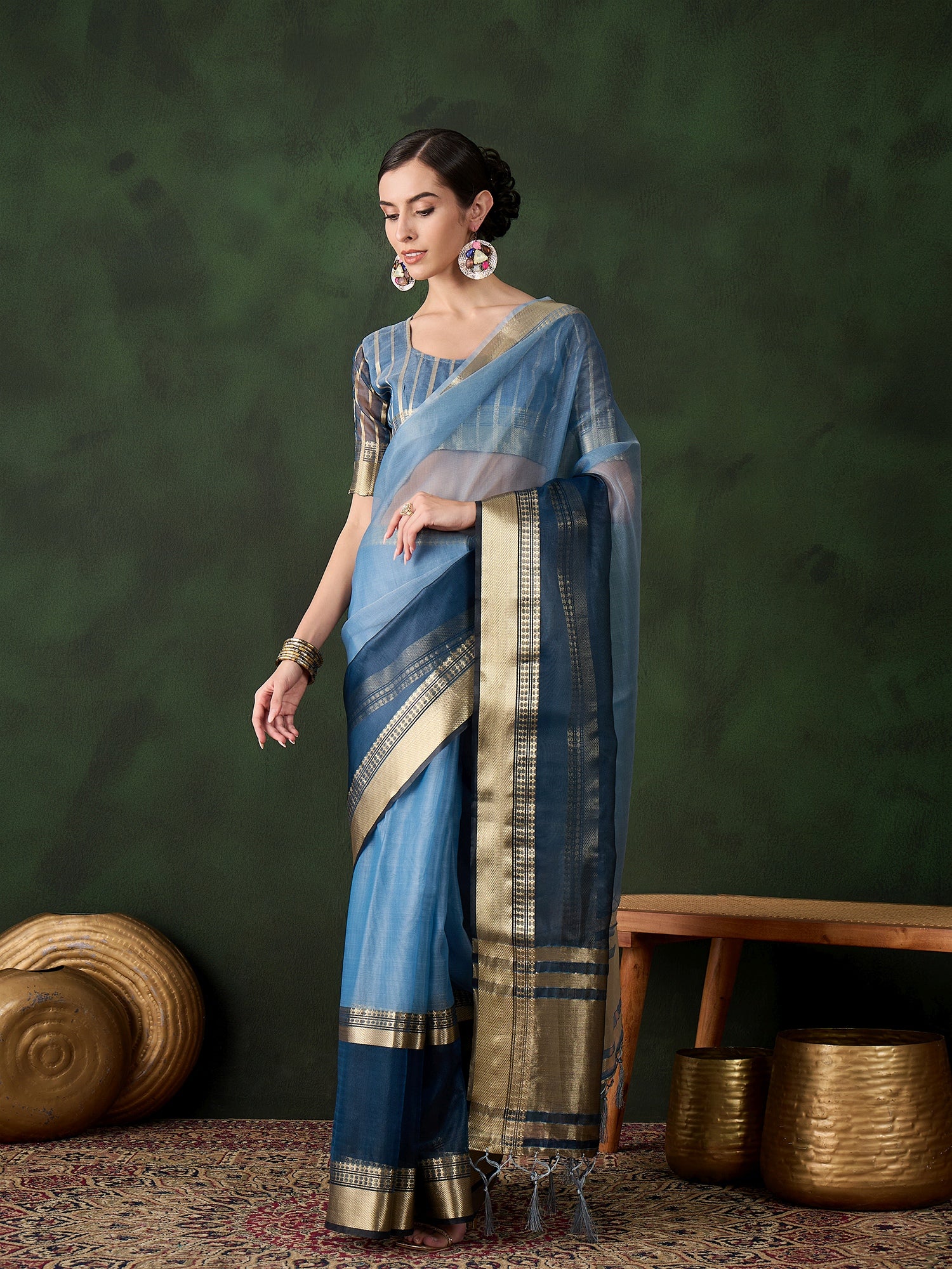 Blue Khadi Organza Fabric Beautiful Woven Jacquard Designer Saree