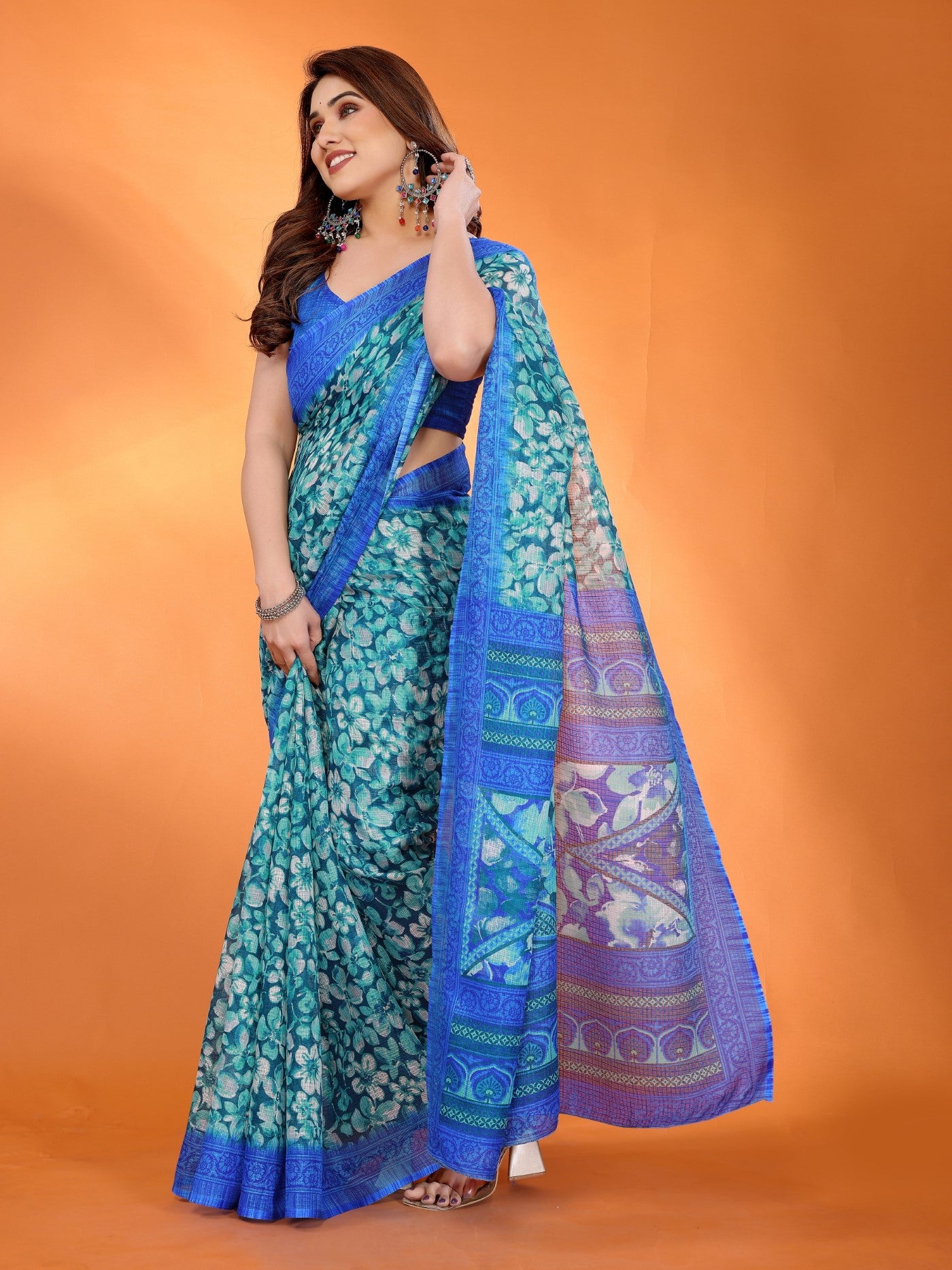Blue Kota Doriya Saree With Printed Design