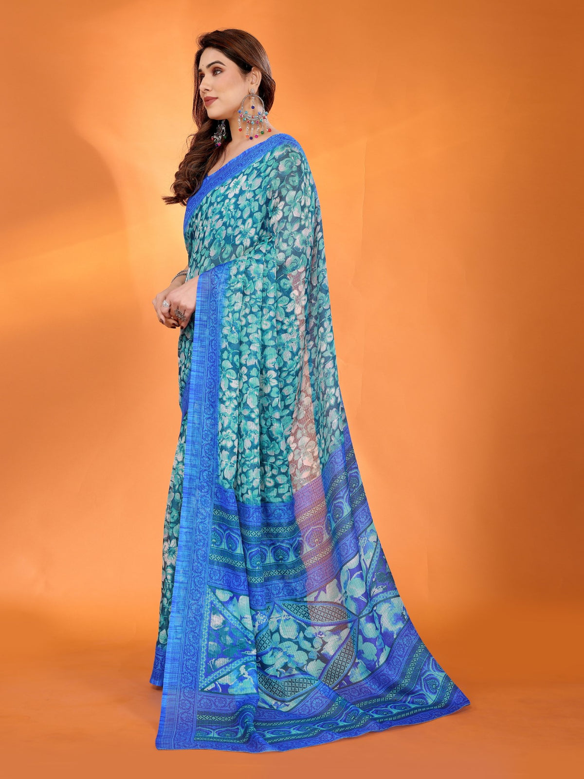 Blue Kota Doriya Saree With Printed Design