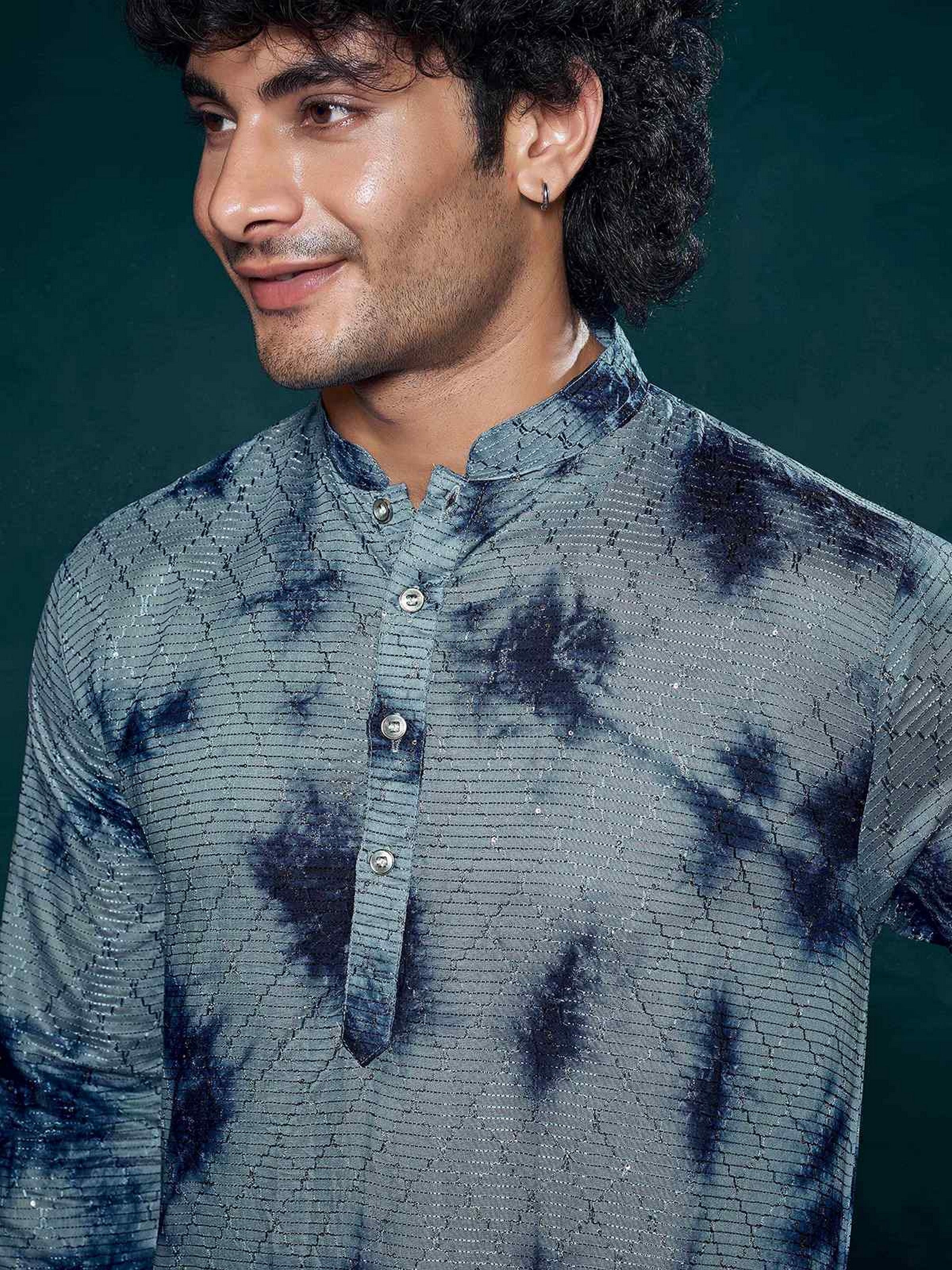 Blue Kurta Payjama with Sequins Embroidery – Ideal Partywear for Men
