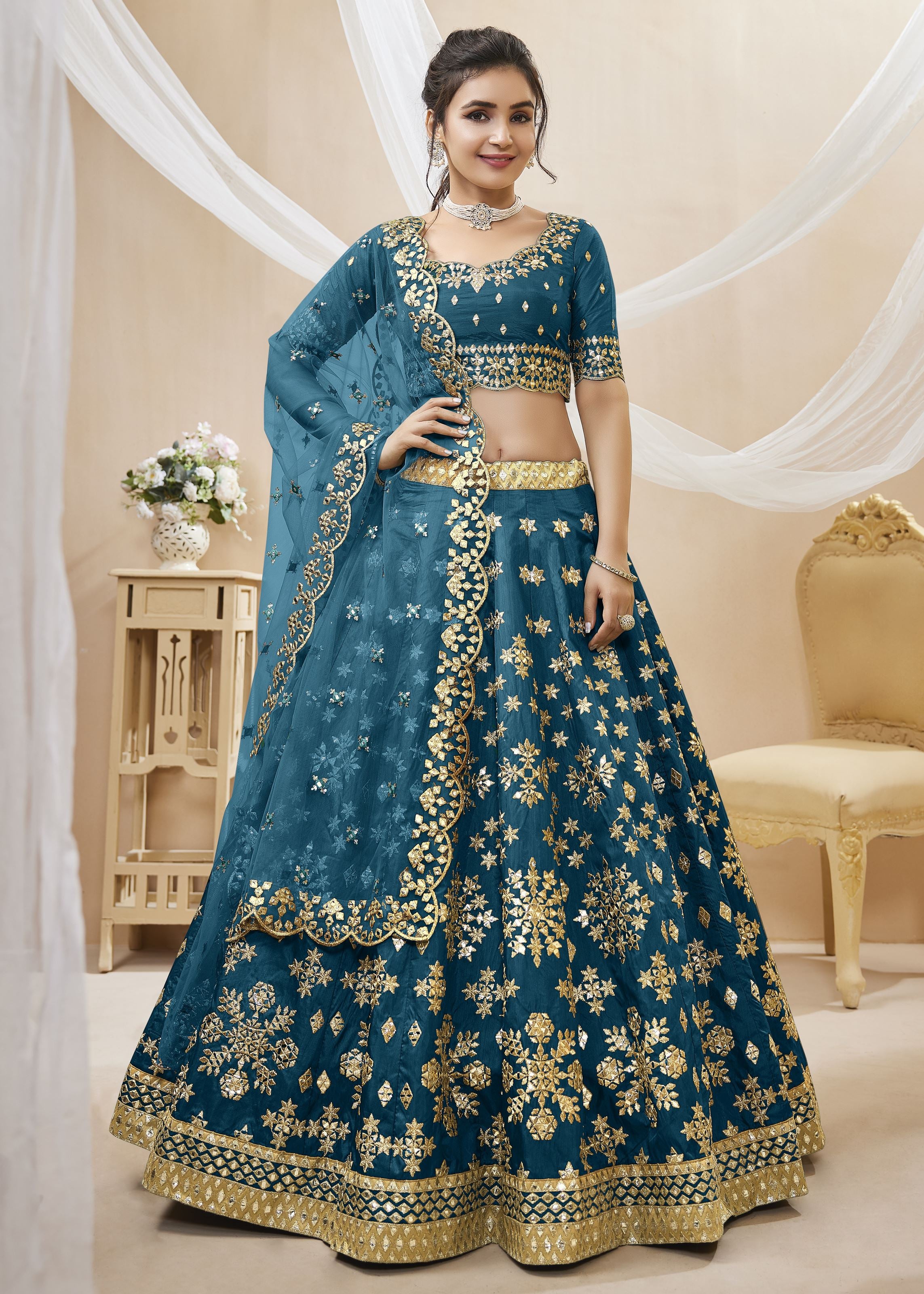 Blue Lehenga Choli With Sequins, Foil & Zari Embroidered Work