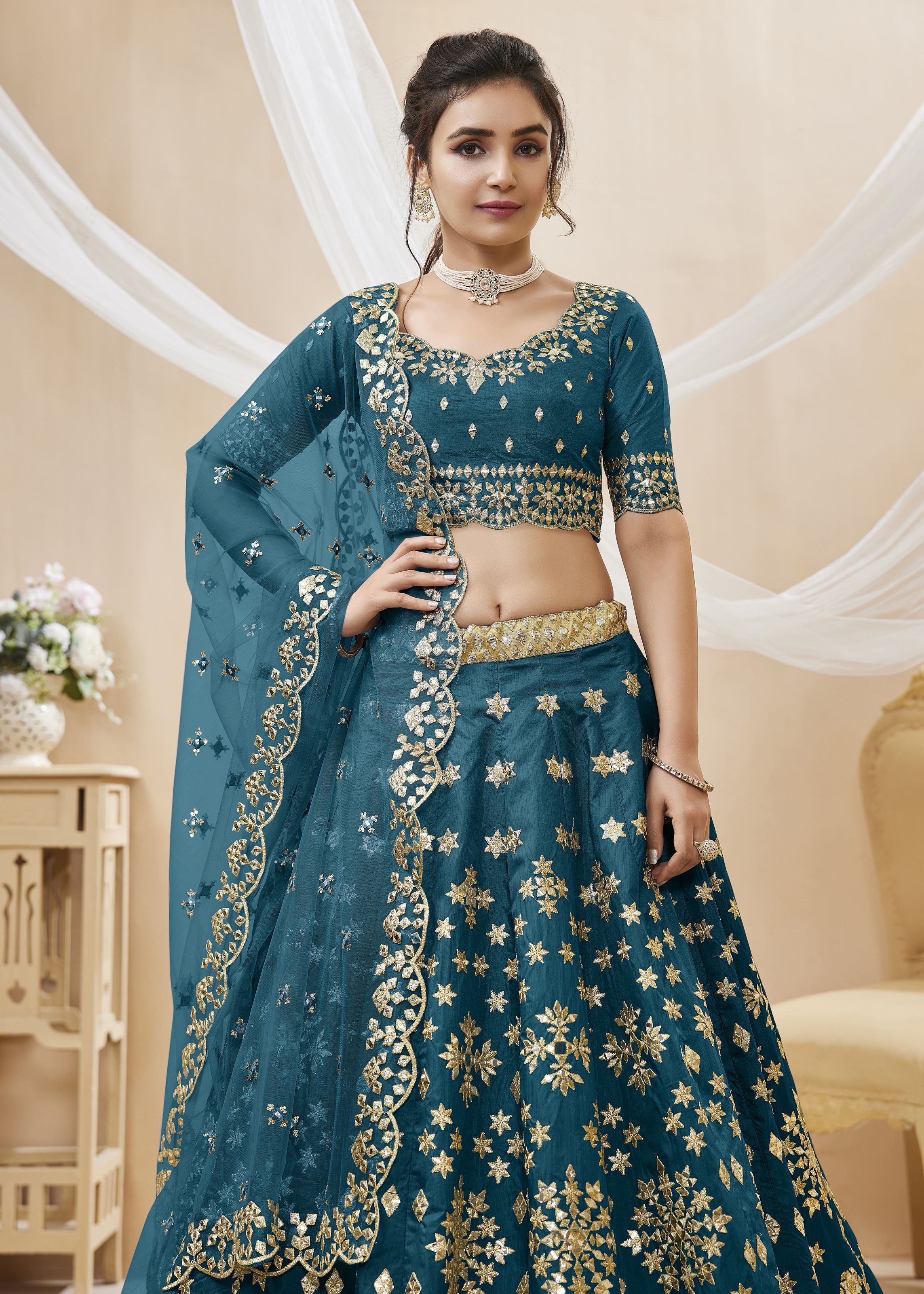 Blue Lehenga Choli With Sequins, Foil & Zari Embroidered Work