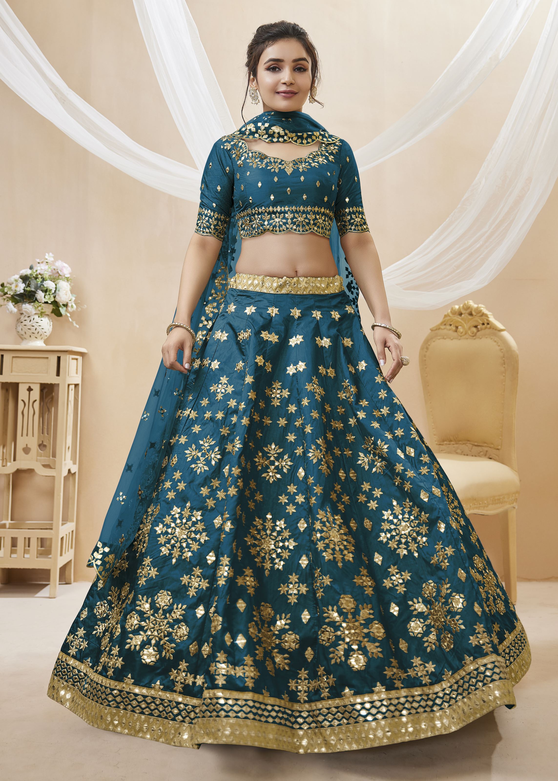 Blue Lehenga Choli With Sequins, Foil & Zari Embroidered Work