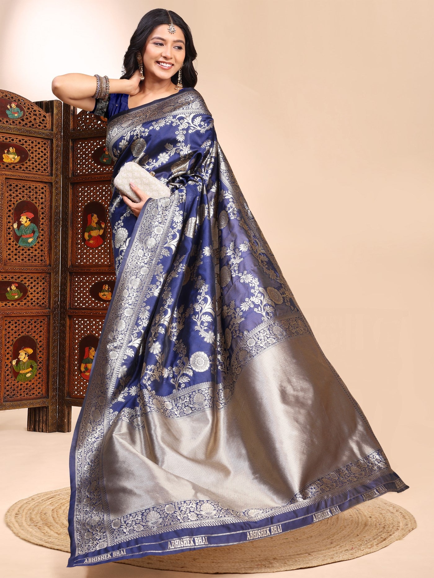 Blue Lichi Silk Saree With Premium Weaving