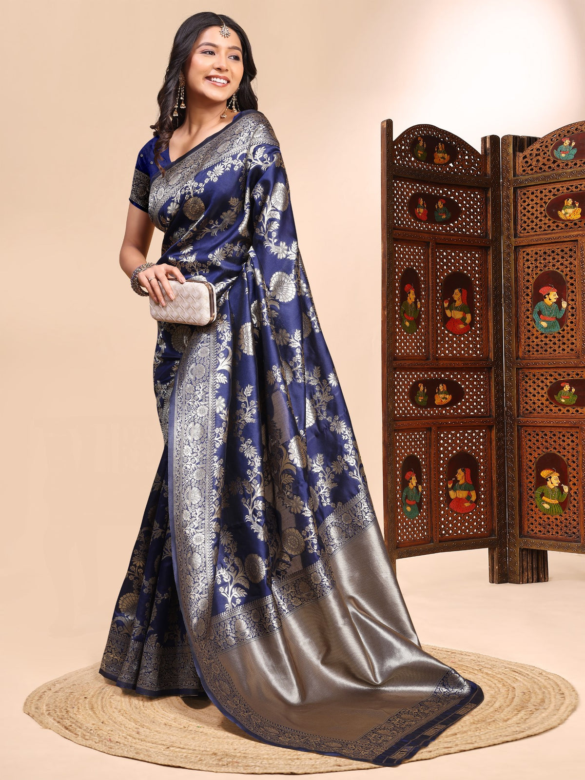 Blue Lichi Silk Saree With Premium Weaving