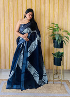 Blue Linen Cotton Digital Batik Printed Traditional Looks Saree