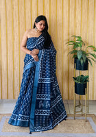 Blue Linen Cotton Digital Batik Printed Traditional Looks Saree