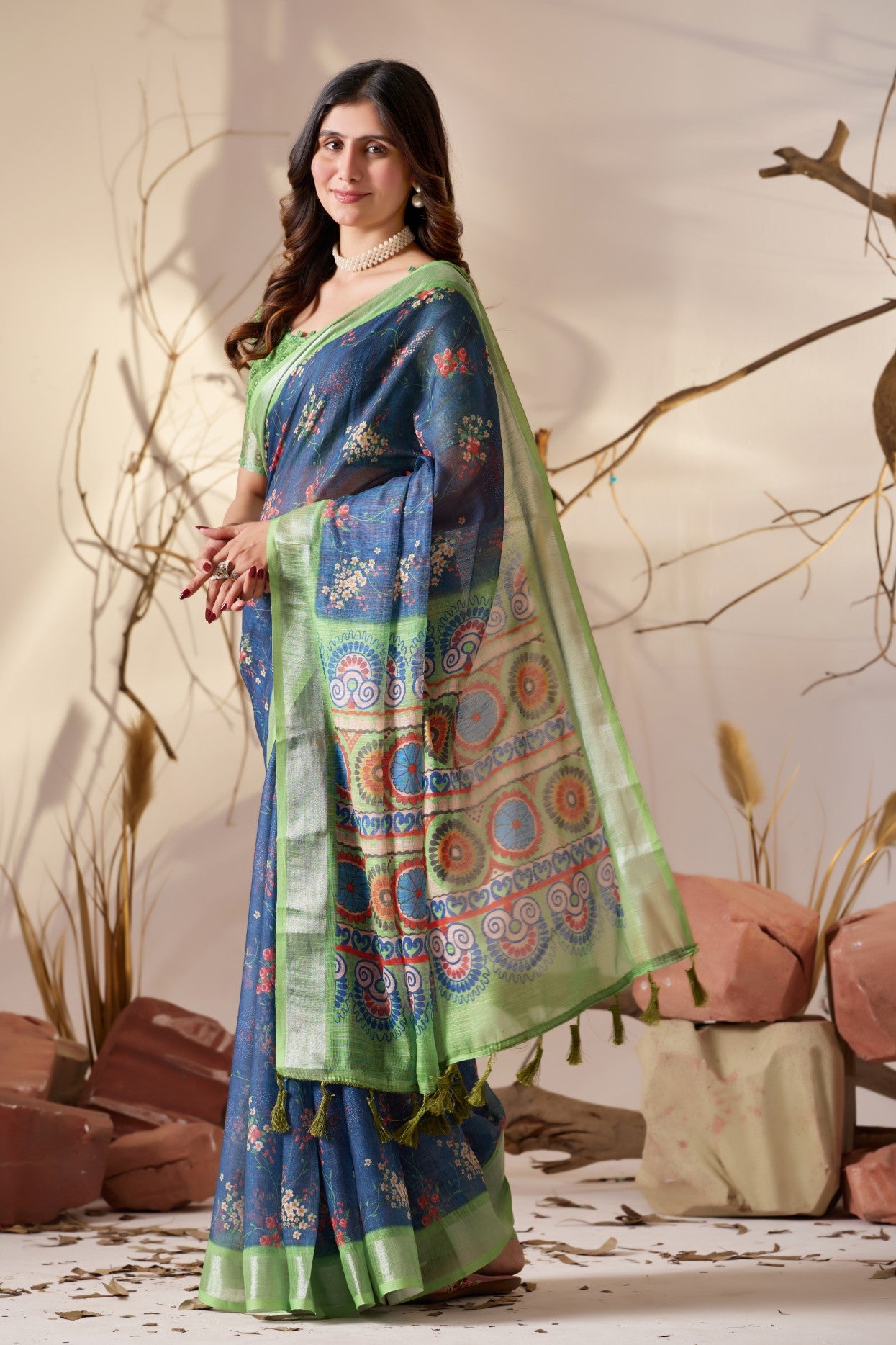 Blue Linen Cotton Saree With Digital Printed Premium Designer Saree