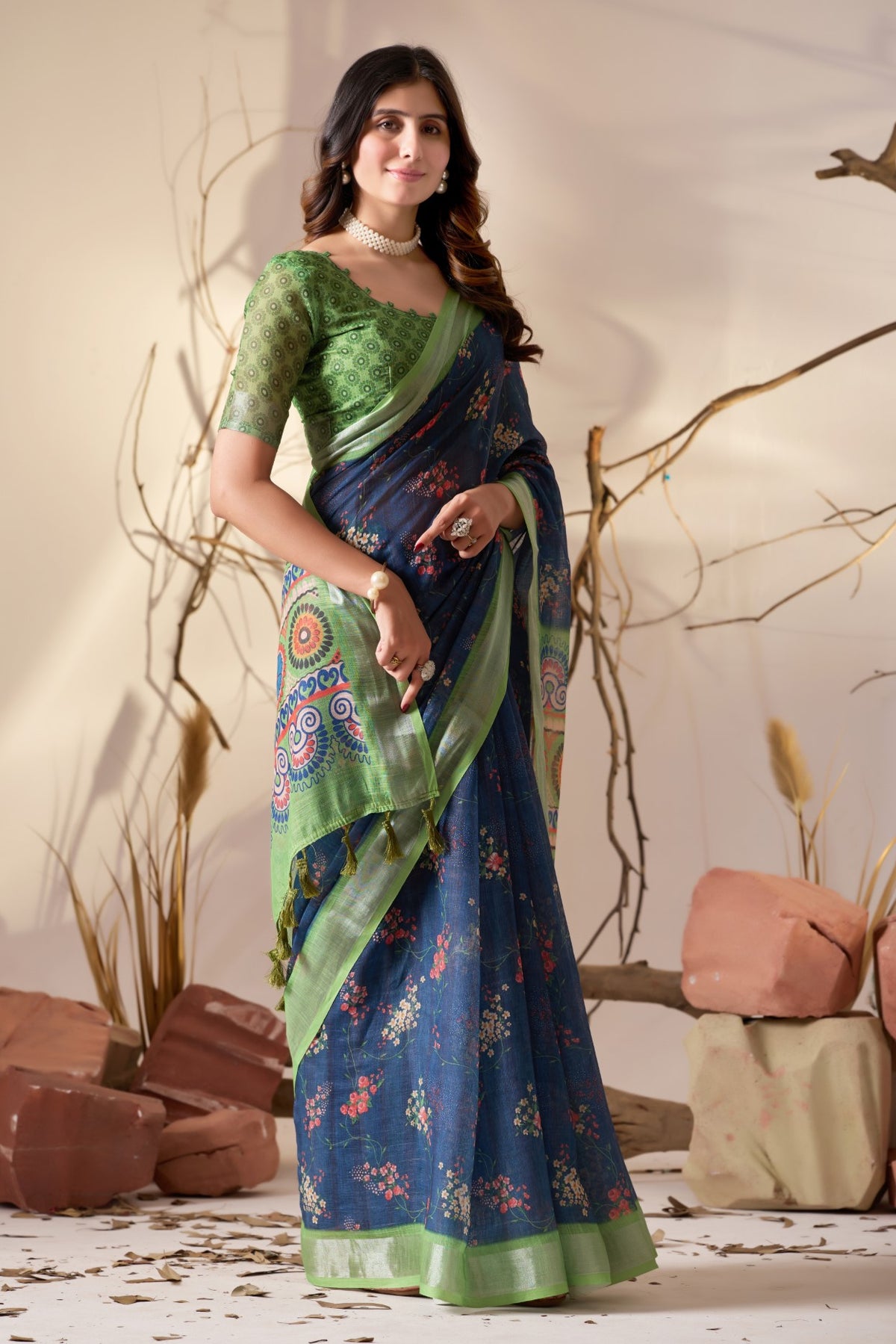 Blue Linen Cotton Saree With Digital Printed Premium Designer Saree