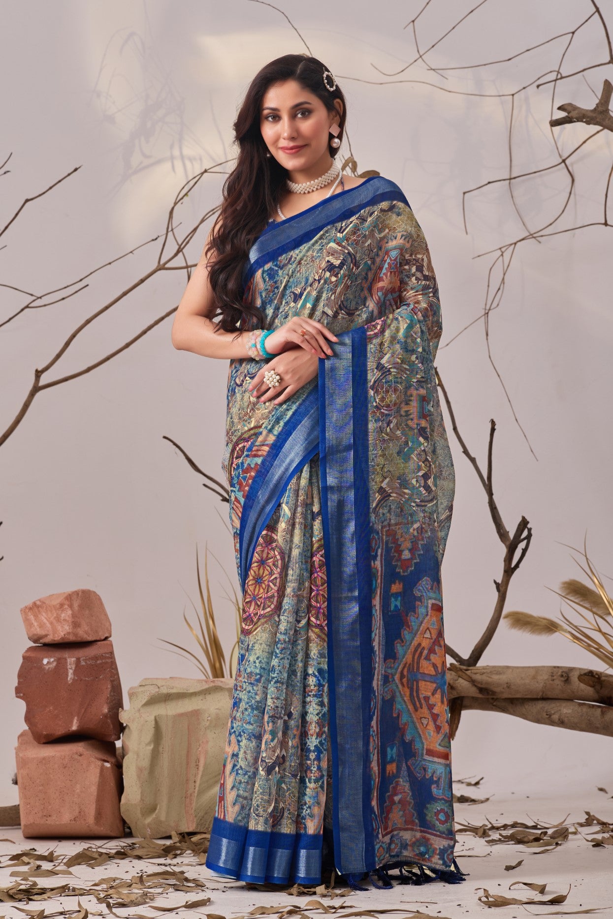 Blue Linen Cotton Saree with Digital Print