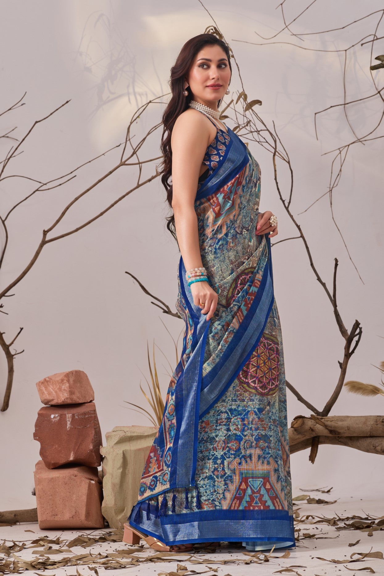 Blue Linen Cotton Saree with Digital Print