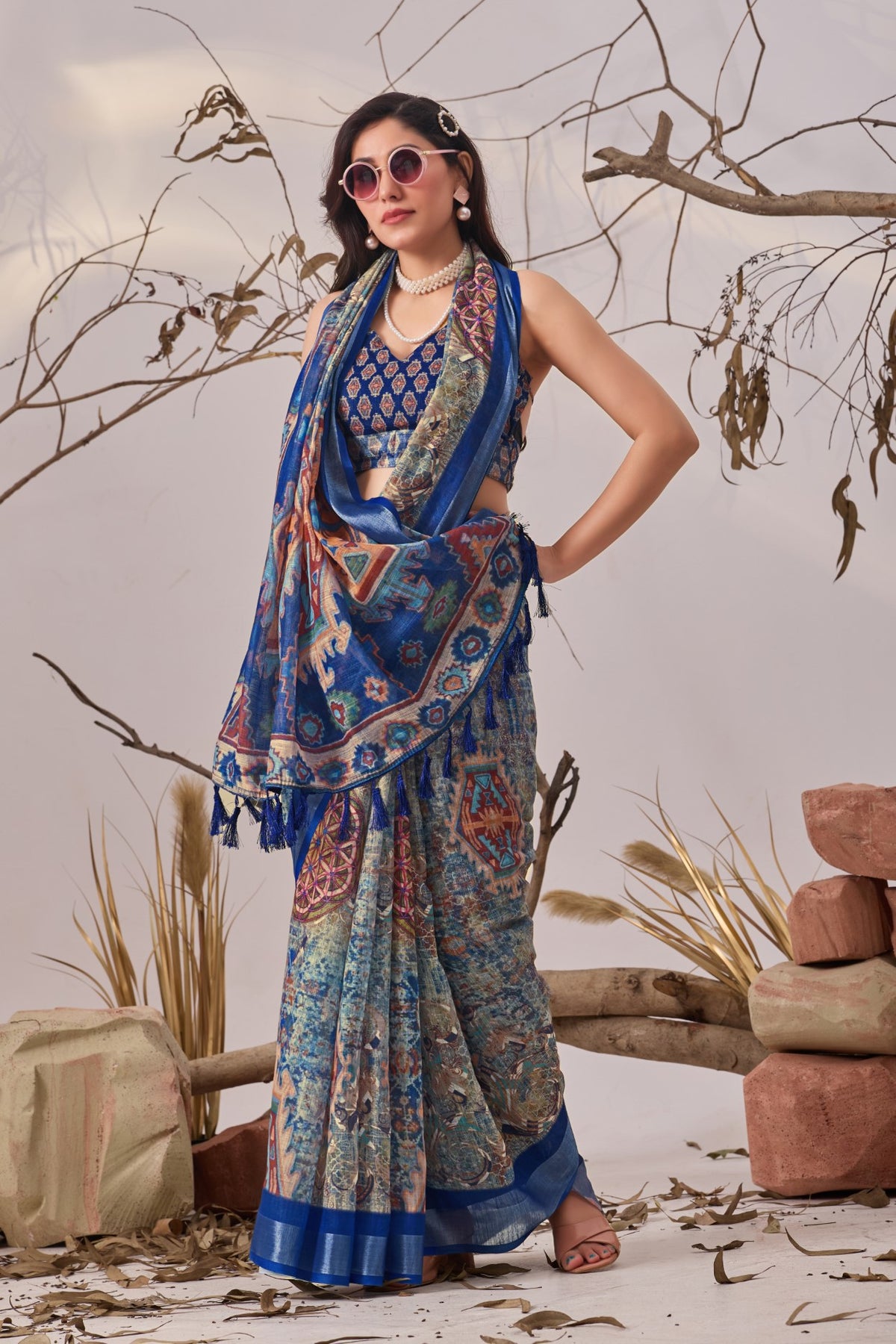 Blue Linen Cotton Saree with Digital Print