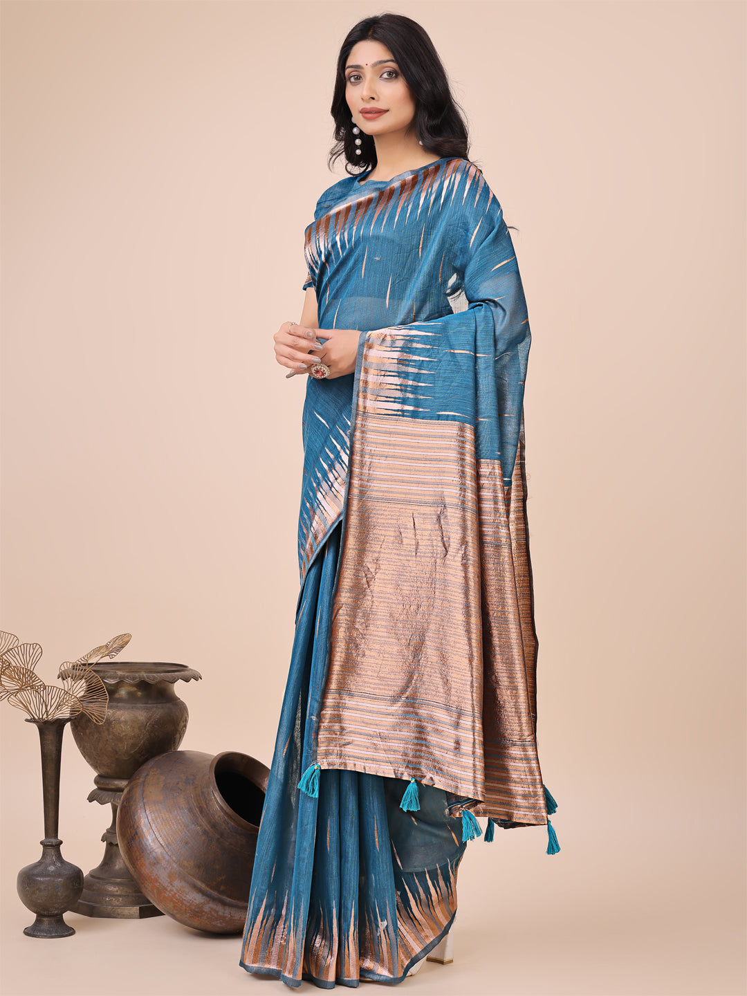 Blue Linen Cotton Woven Jacquard Designer Festive Wear Saree