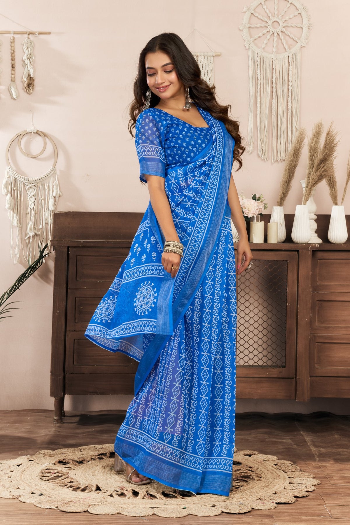 Blue Linen Ready To Wear Saree With Zari Border Printed