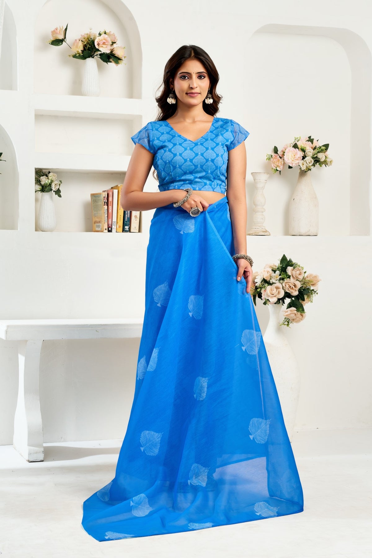 Blue Linen Ready To Wear Saree With Zari Border Printed