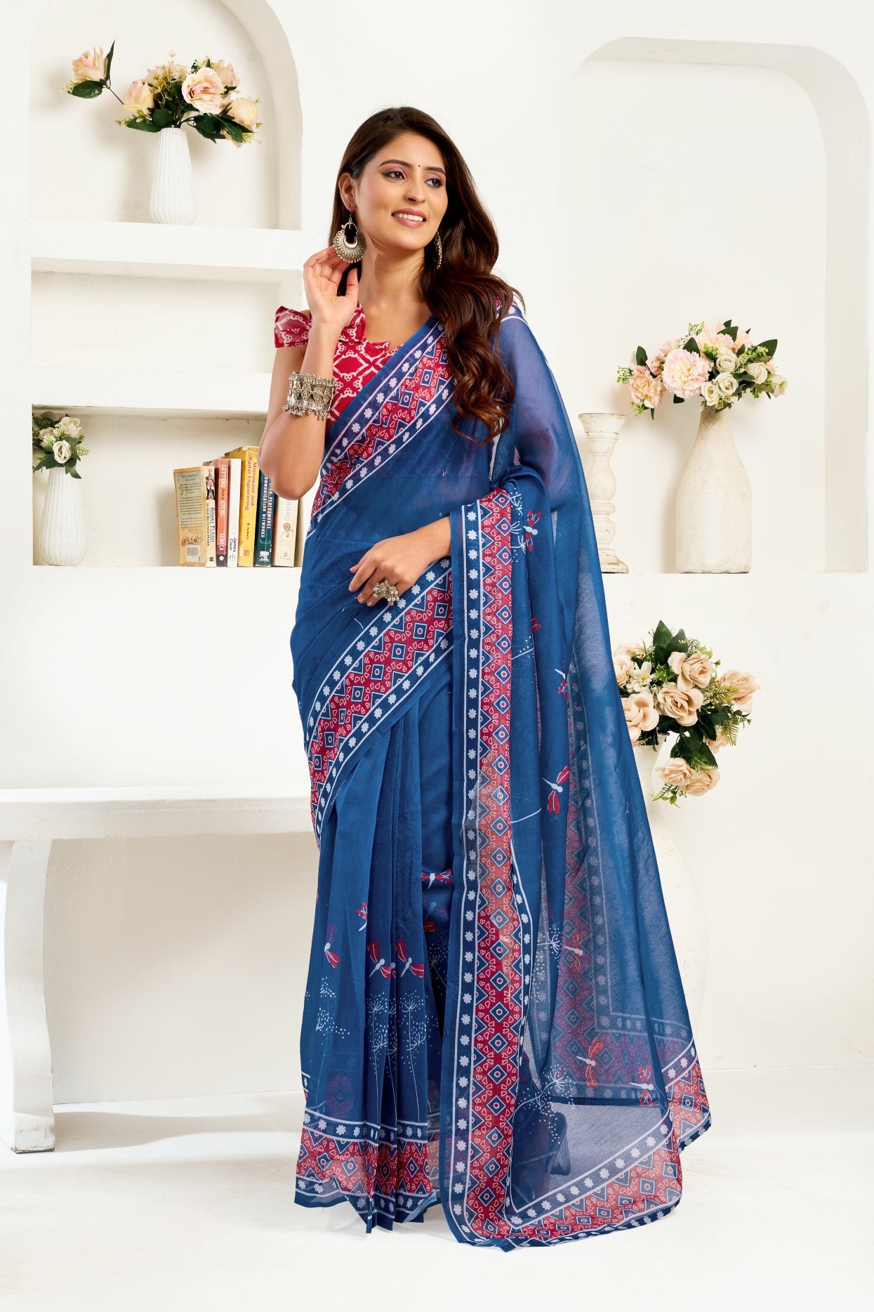Blue Linen Ready To Wear Saree With Zari Border Printed