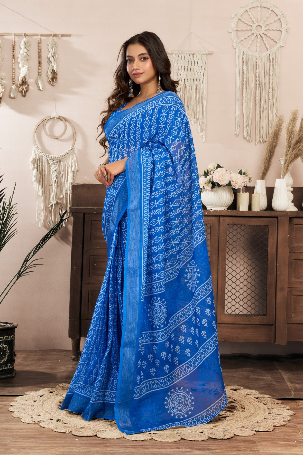 Blue Linen Ready To Wear Saree With Zari Border Printed