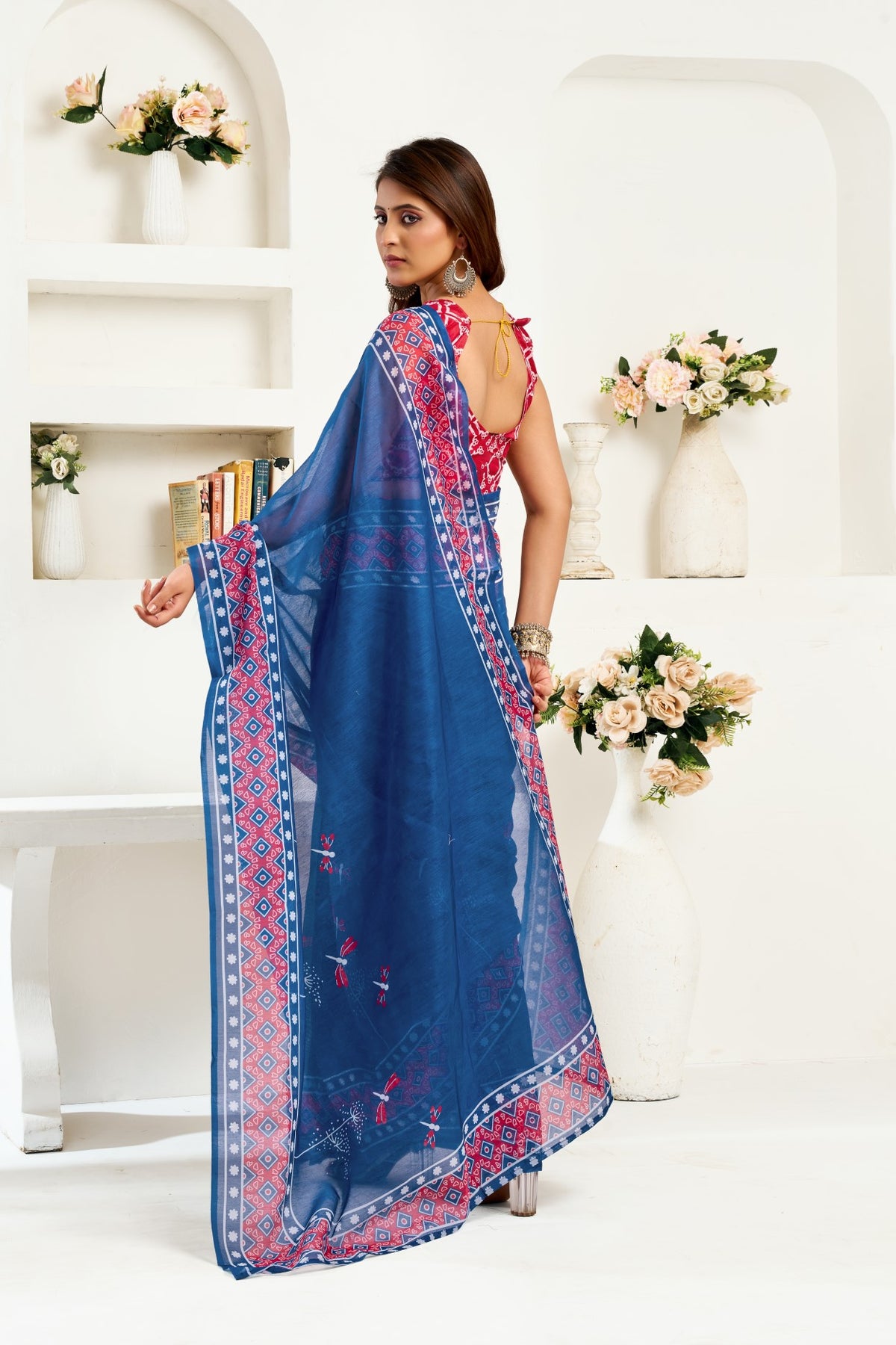Blue Linen Ready To Wear Saree With Zari Border Printed